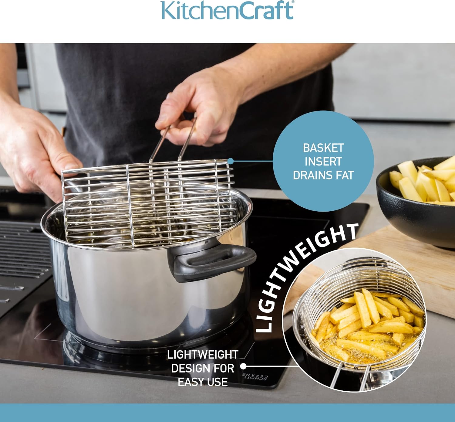 Detalle 2 de KitchenCraft KCCHIPLRG frituurpan van roestvrij staal met mand en deksel, 20 cm