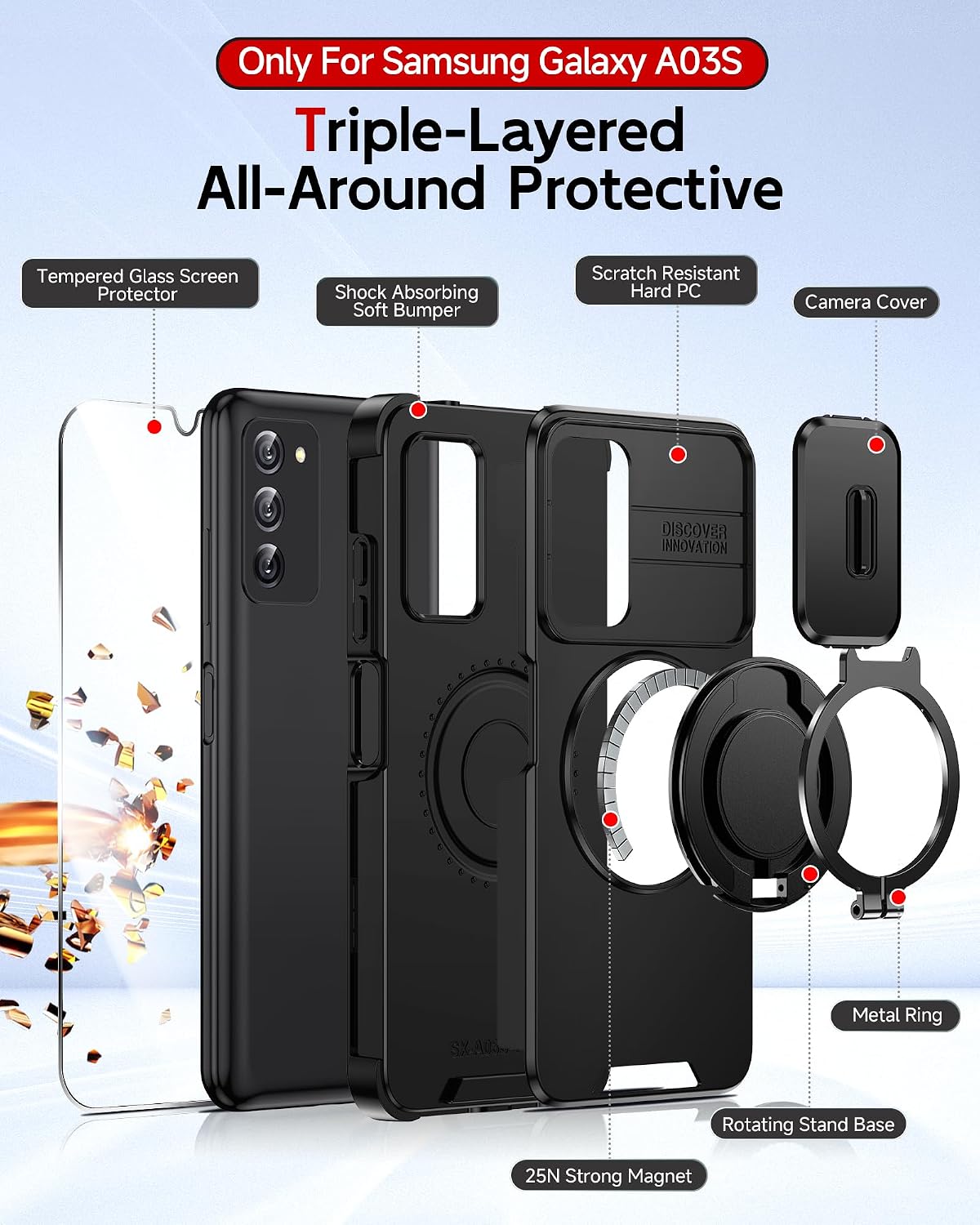 Detalle de LeYi Galaxy A03s Phone Case with Slide Camera Cover, 360° Ring Stand and Glass Protectors