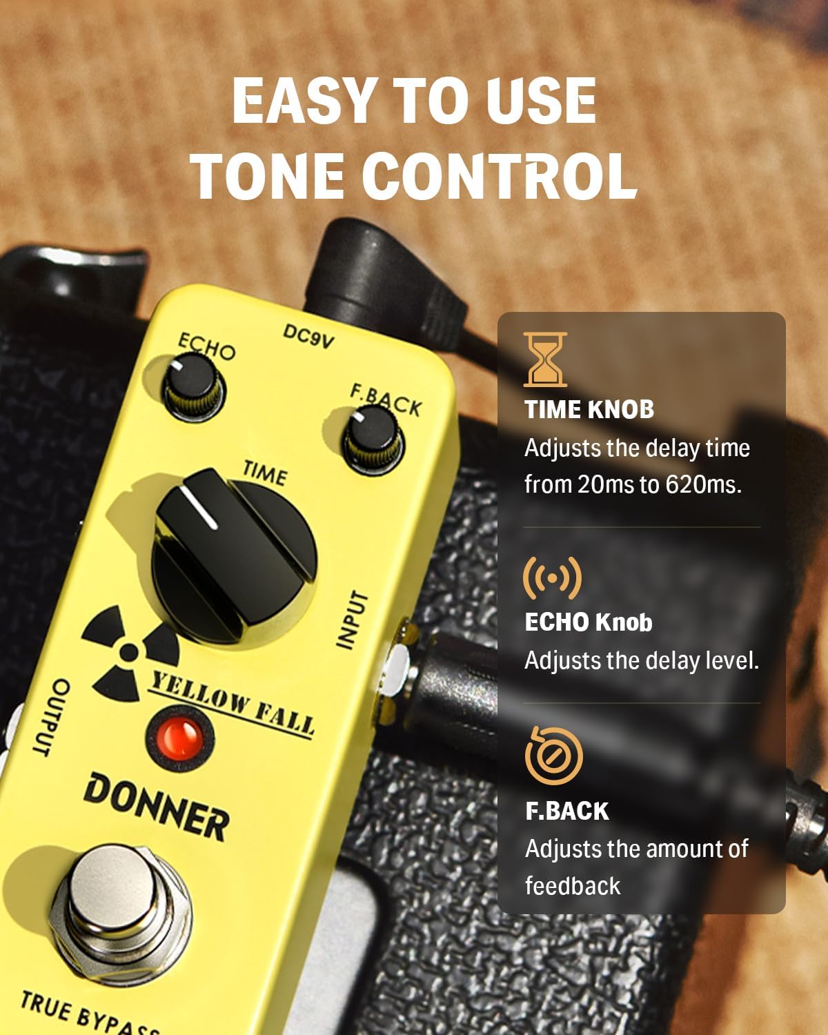 Detalle de Donner Yellow Fall Analog Delay Pedal, Compact True Bypass