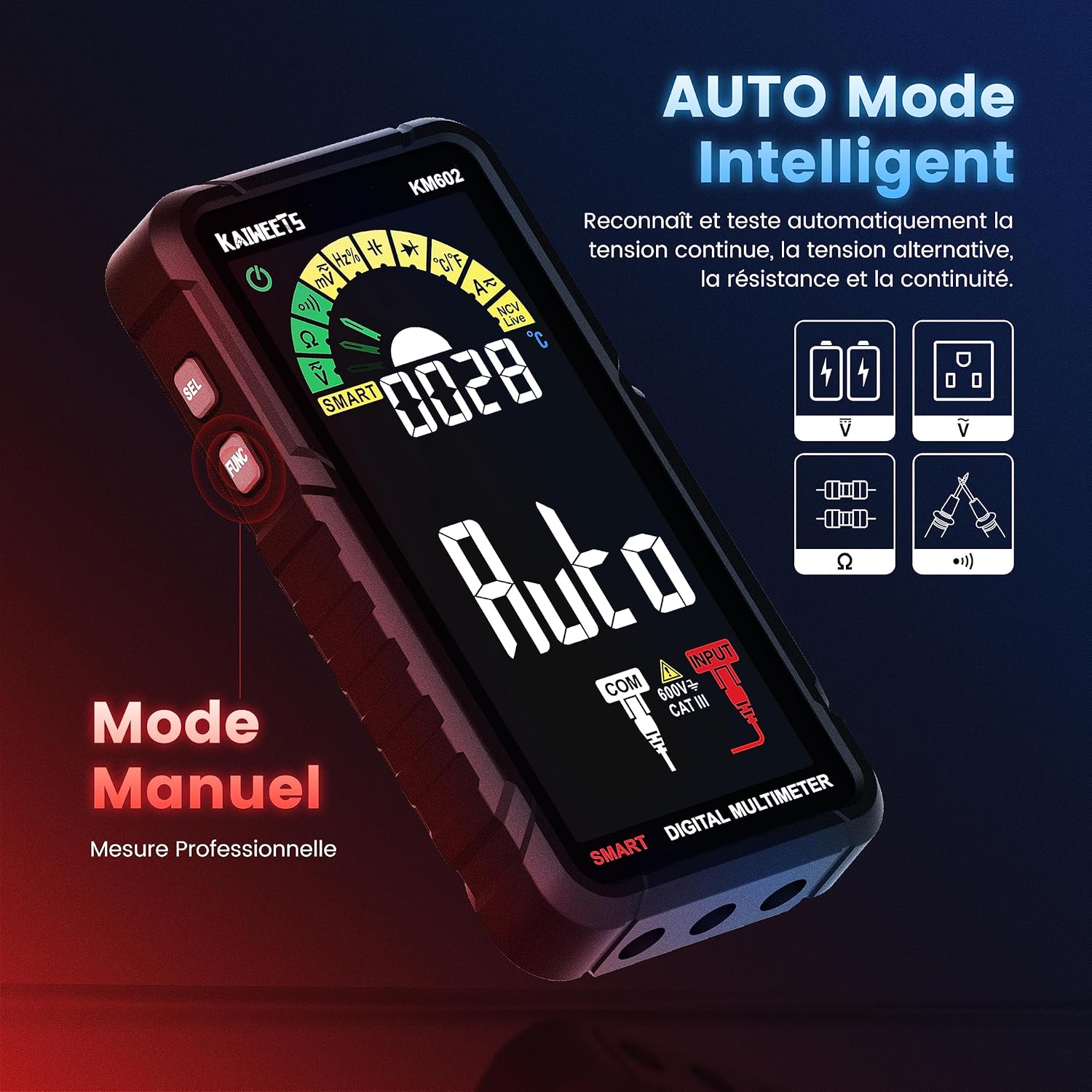 Detalle de Multimètre automatique rechargeable KAIWEETS (6000 comptes) : mesure CA/CC, résistance, continuité