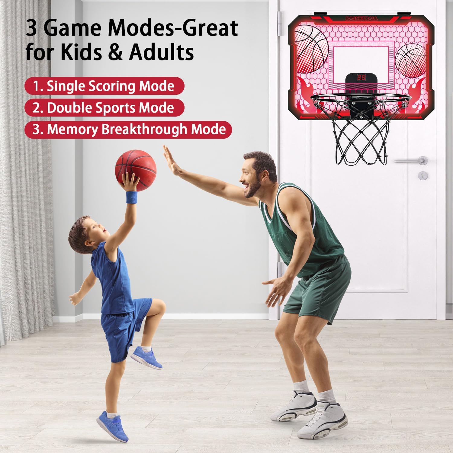 Detalle de VROGTIK Indoor Basketball Hoop for Kids with LED Lights — Over-the-Door Mini Hoop with Scoreboard