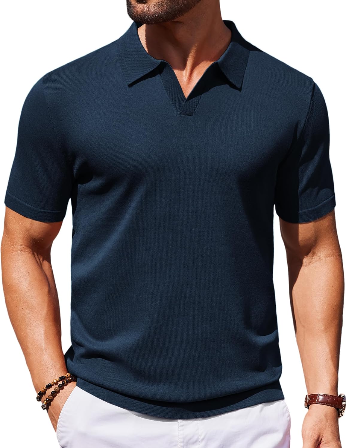 Detalle de COOFANDY Men's V Neck Short Sleeve Stretch Knit Polo Shirt
