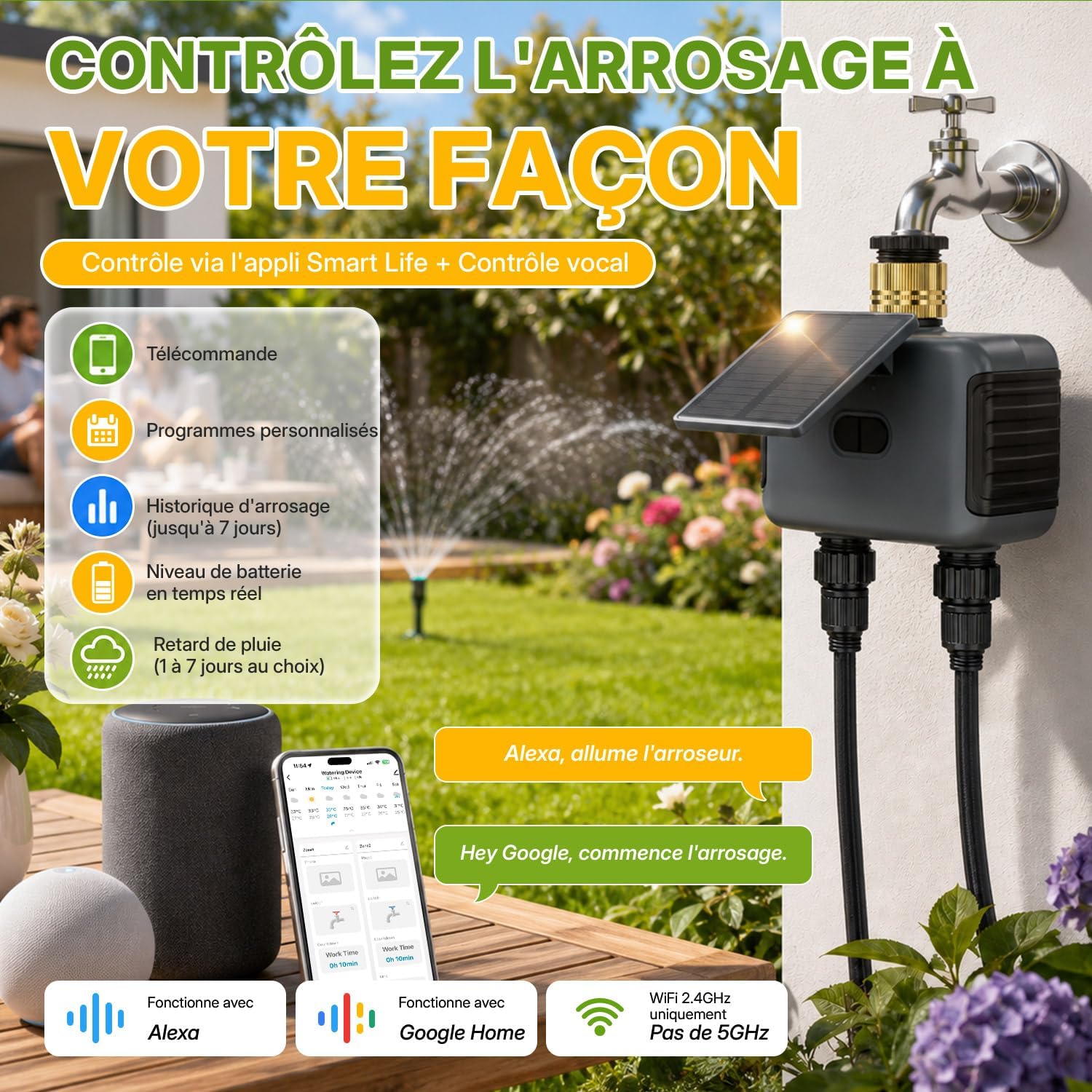 Detalle de Mcbazel Programmateur d’Arrosage Automatique WiFi à 2 Sorties avec Panneau Solaire – IP55