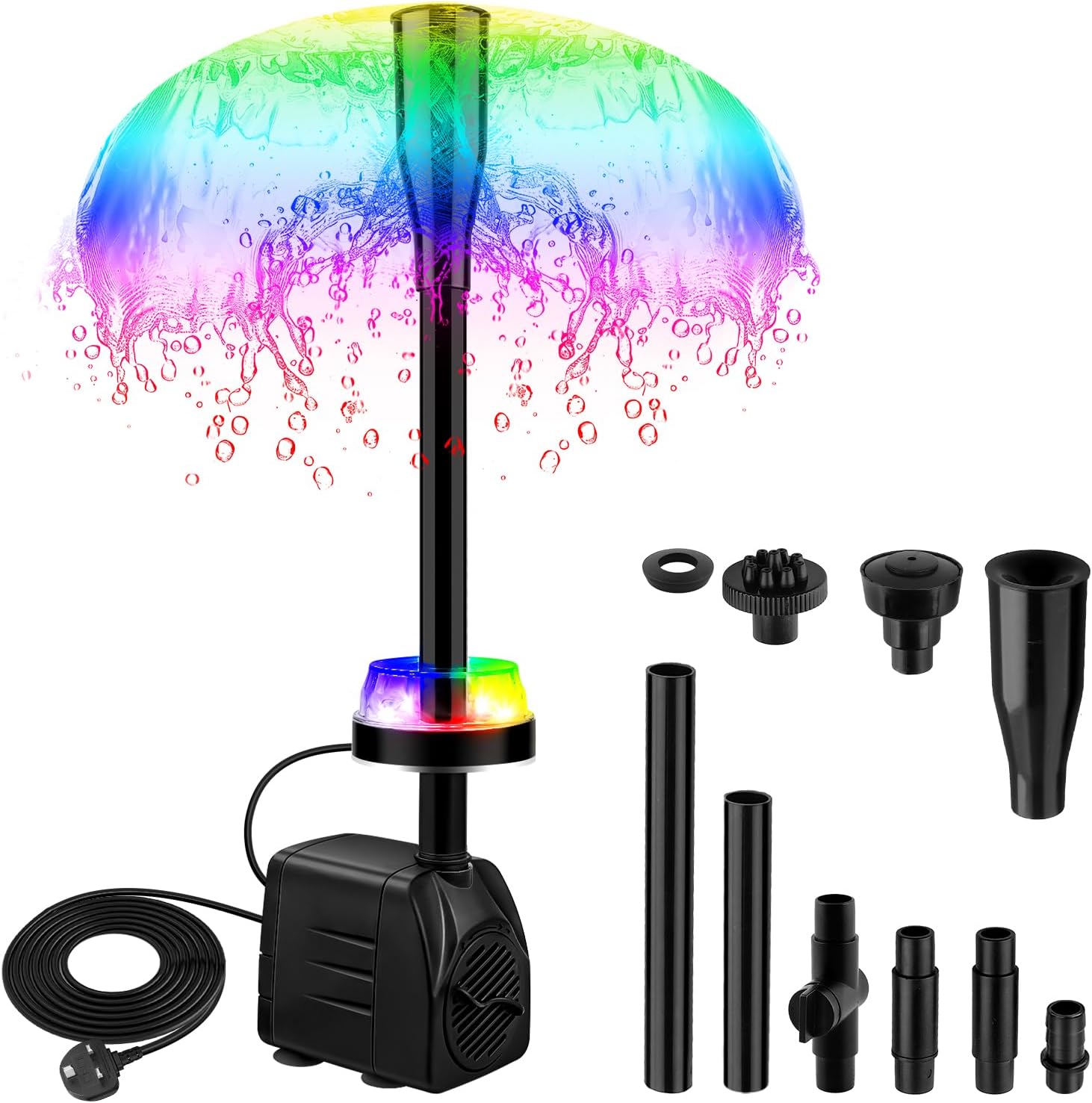 Detalle de NATPOW Submersible Water Pump — 800L/H with RGB LED Lights, 4 Nozzles and 3m Cable