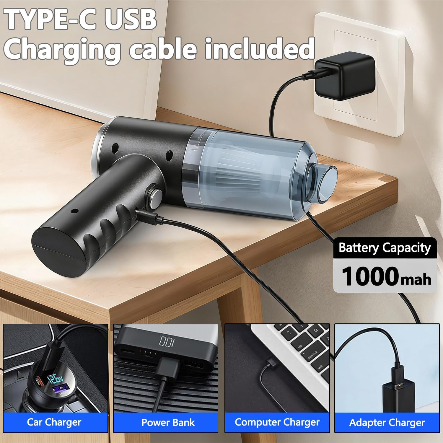 Detalle de Handheld Vacuum Cleaner with 22000PA Suction — Portable 4-in-1 Car and Home Cleaner