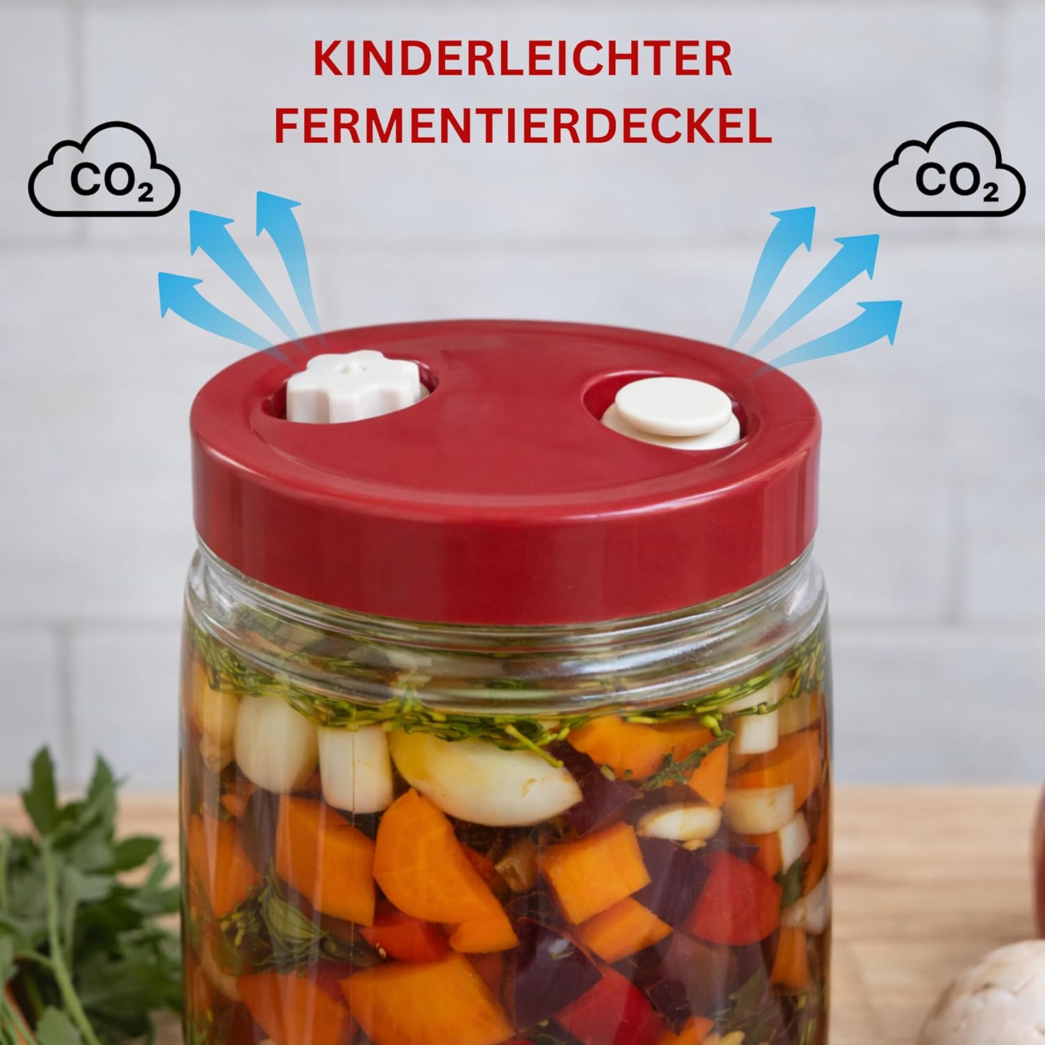 Detalle de GREEN WISE Fermentierglas Set 2er – je 1,4 L mit Gärventil, Deckel & Gewichten