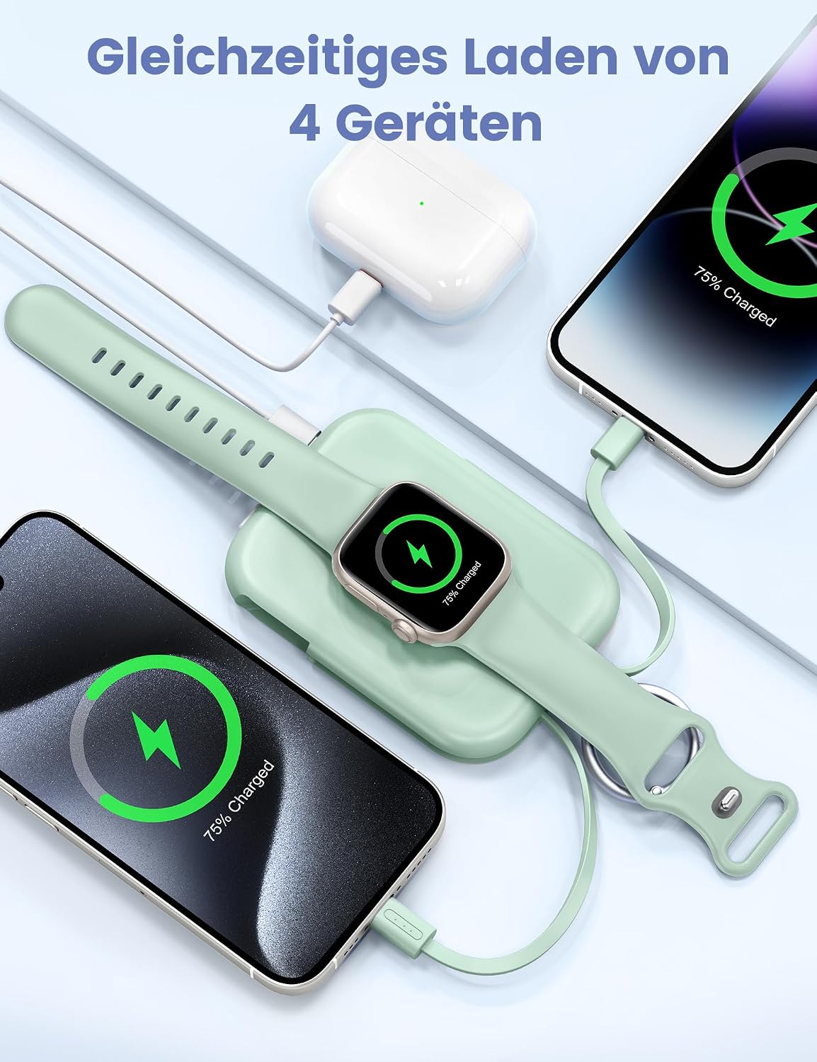 Detalle de RORRY 5000mAh Portable Charger with Built-in Cables — Green