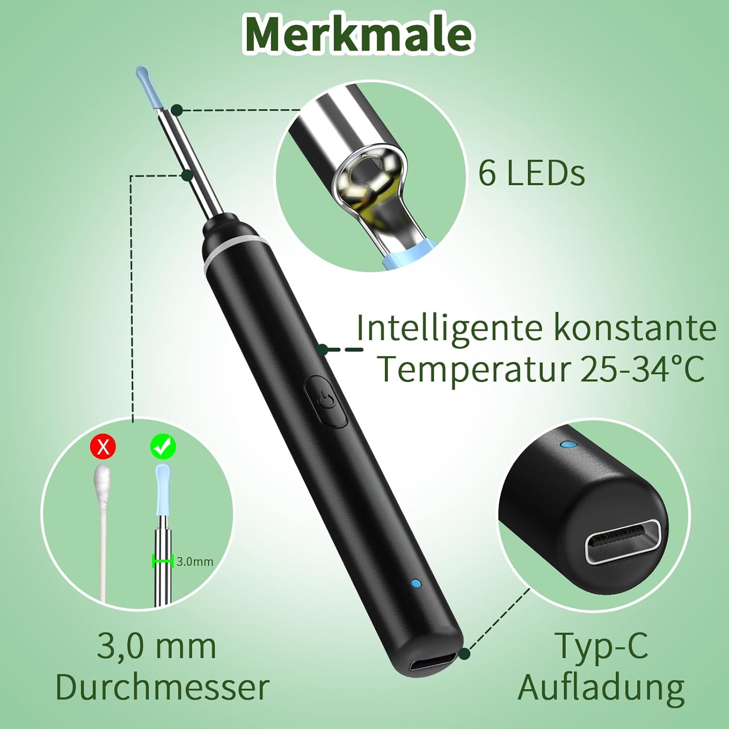Thumbnail 3 de AZHE 1920P WLAN-Otoskop zum Entfernen von Ohrenschmalz (Ohrenschmalz Entferner) inkl. 3,0 mm Sonde