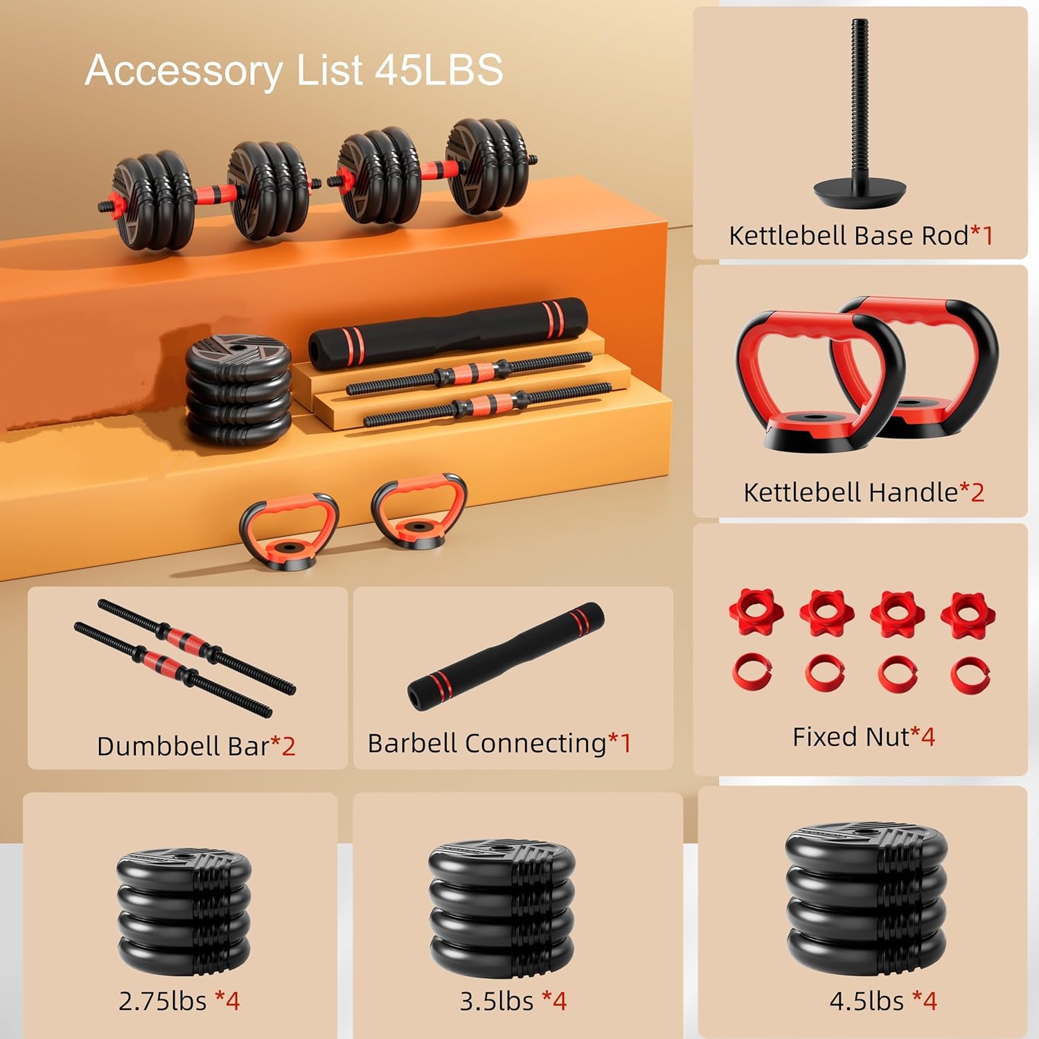 Thumbnail 6 de Adjustable Dumbbell Set 5-in-1: 10/20/30/45/70/90 lbs, Converts to Barbell & Kettlebell for Home Gym