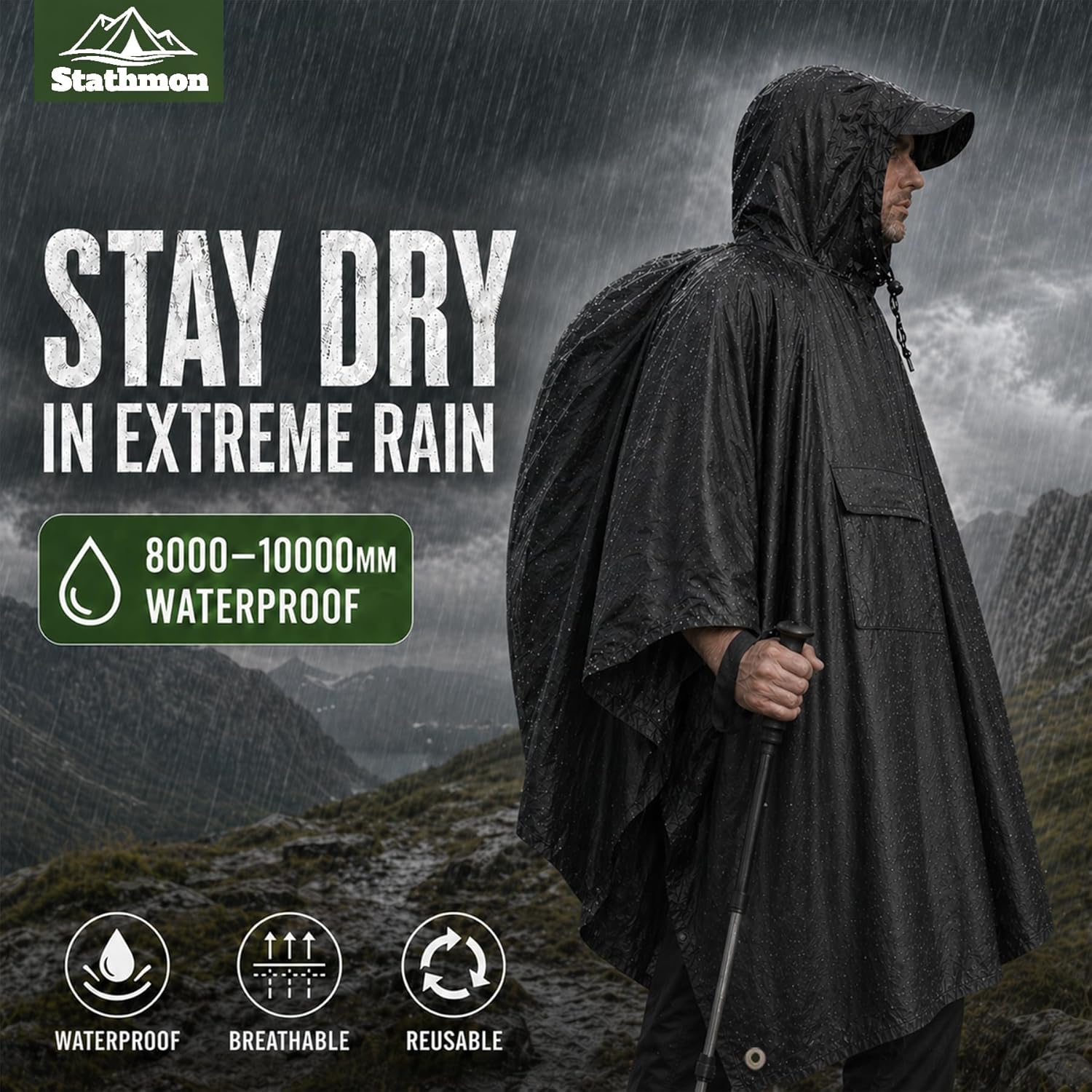 Thumbnail 1 de Stathmon Poncho Waterproof Adult with PU8000mm coating (reusable) – 240T lightweight rain poncho