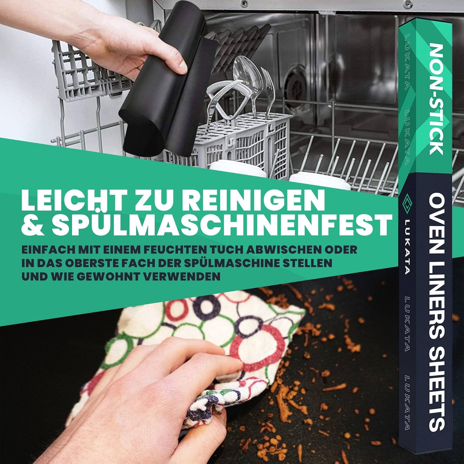Thumbnail 4 de Lukata Untere Backofen-Abdeckmatte-Set mit Spachtel & Bürste (3-teilig) – wiederverwendbare Antihaft-Backofenmatten aus Fiberglas