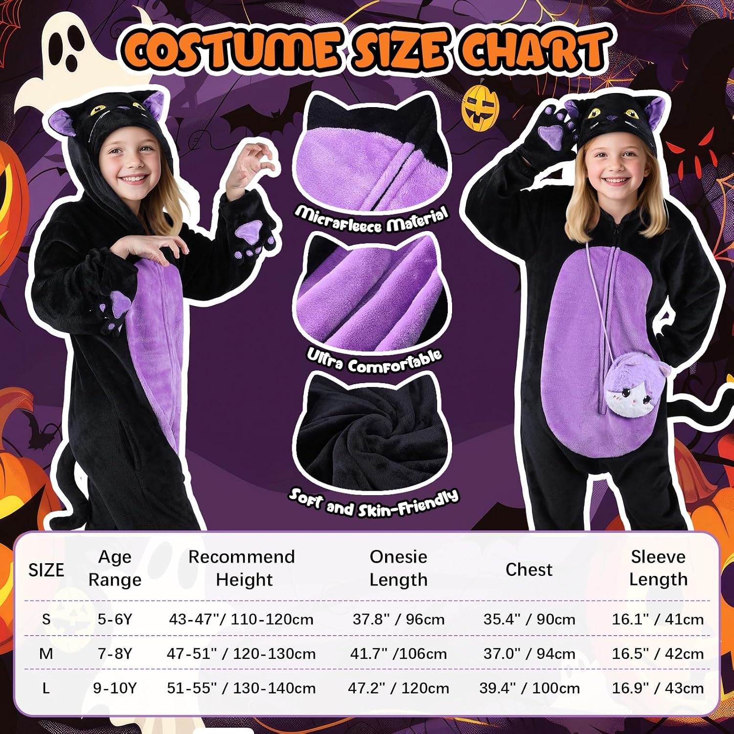 Detalle 2 de Joycover Black Cat Costume for Girls, Purple Onesie with Hood, Tail and Candy Bag