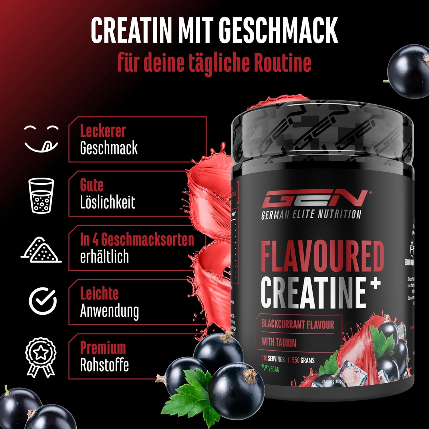 Thumbnail 2 de GEN German Elite Nutrition Flavoured Creatine Pulver (550 g) – Kreatinmonohydrat mit L-Taurin, schwarzbeeren, zuckerfrei