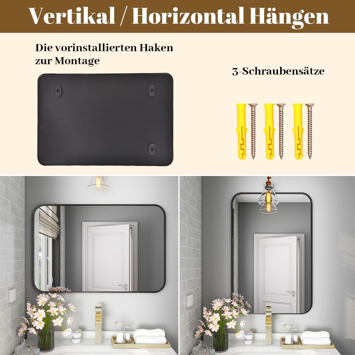 Thumbnail 6 de Koonmi Miroir mural rectangulaire 75 x 122 cm à cadre métal noir, montage horizontal ou vertical
