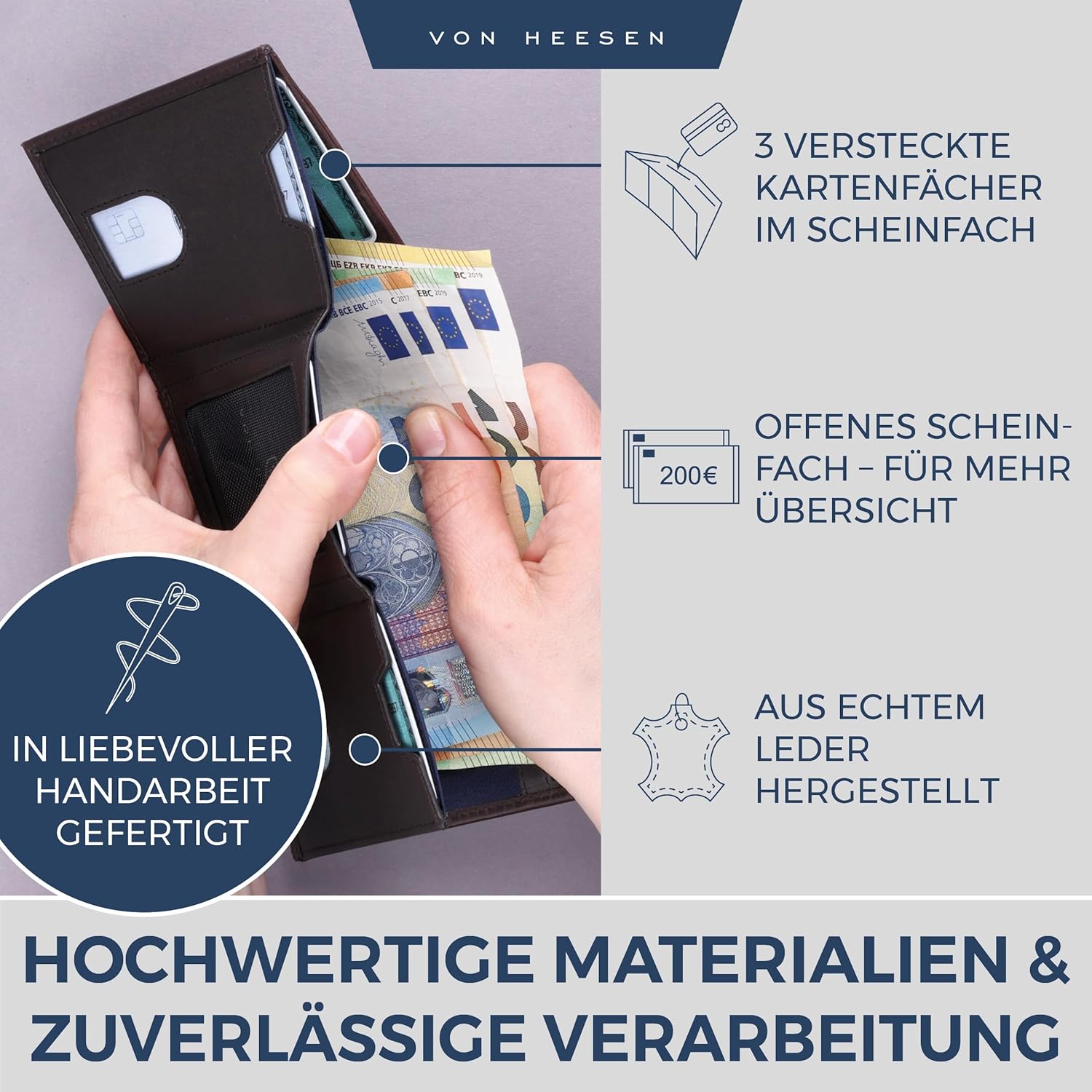 Thumbnail 3 de VON HEESEN Slim Wallet mit RFID Schutz – Herren Geldbörse klein aus Nappa-Leder (Braun Waxy)