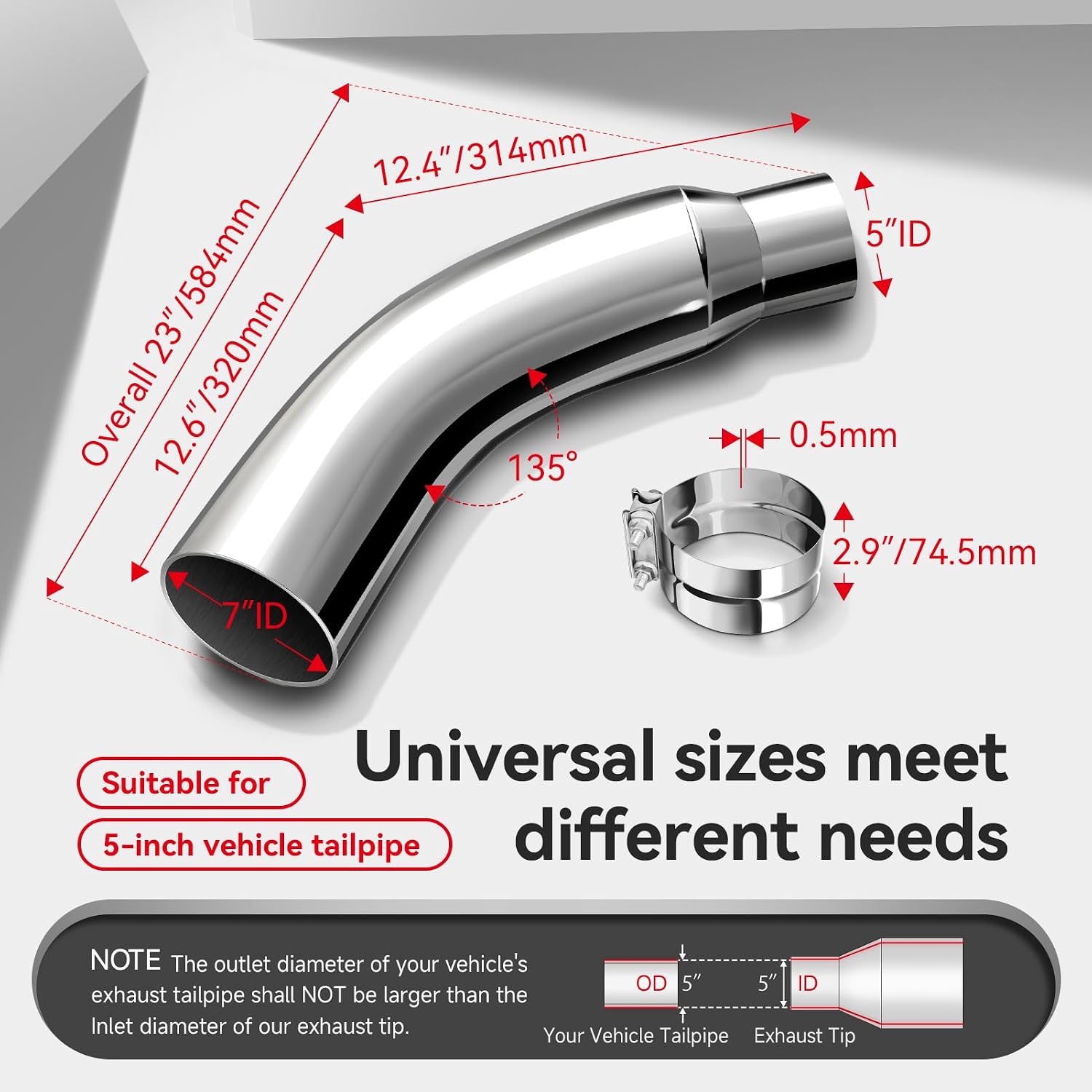 Thumbnail 6 de Exhaust Tip, 5 Inch Chrome Diesel Elbow with Clamp (5" Inlet / 7" Outlet) for Pickups, Trucks & Cars