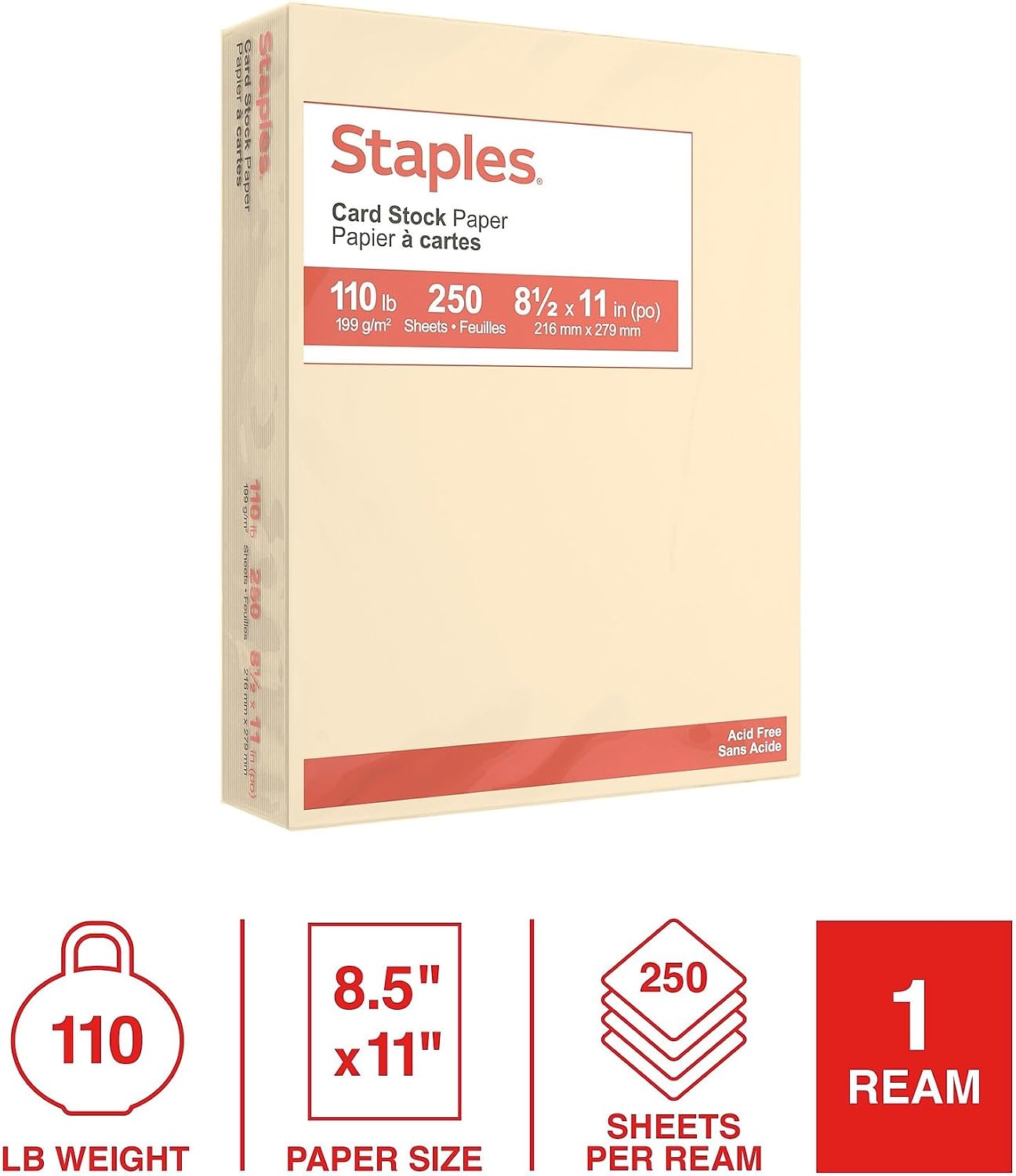Thumbnail 1 de Staples 49703 Cardstock Paper, 110 lb, Ivory, 8.5 x 11 Inches, 250 Sheets