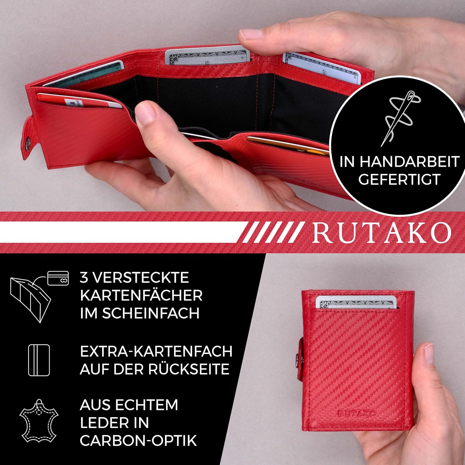 Thumbnail 3 de RUTAKO Slim Wallet mit RFID-Schutz – Kartenetui aus Nappa-Leder mit Scheinfach & Mini-Münzfach (Carbon-Rot)