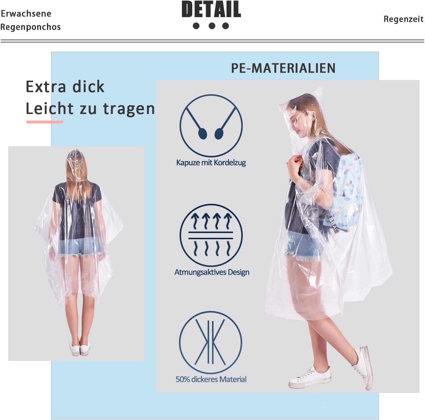 Detalle 2 de TUNCHMO 6 Stück Durchsichtige Regenponchos mit Kapuze – Notfall‑Regenschutz, 0,035 mm PE, transparent