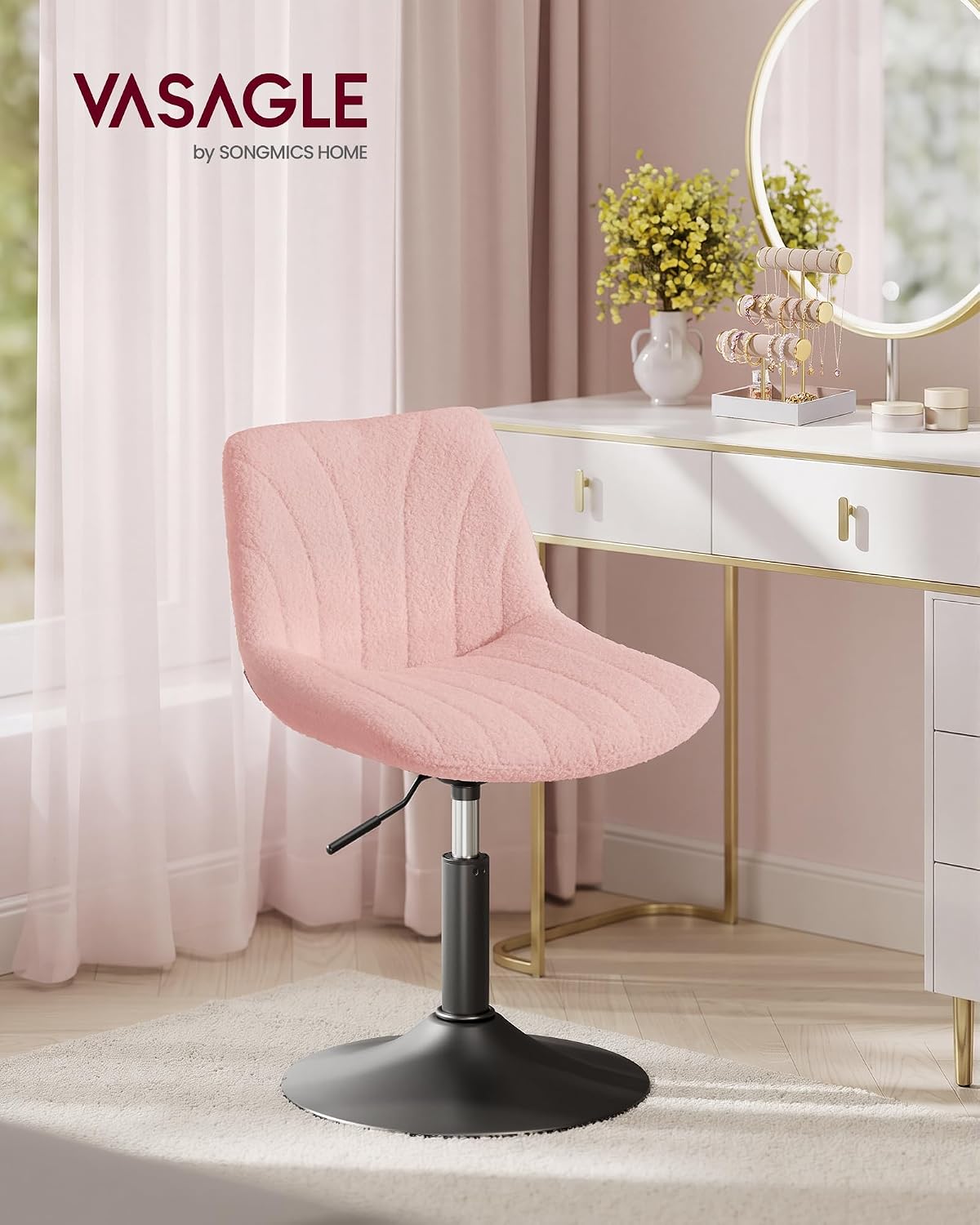 Detalle de VASAGLE Dressing Table Chair (LJB160S101) – Height‑Adjustable, 360° Swivel Bar Stool with Back in Teddy Fleece, Pink and Black