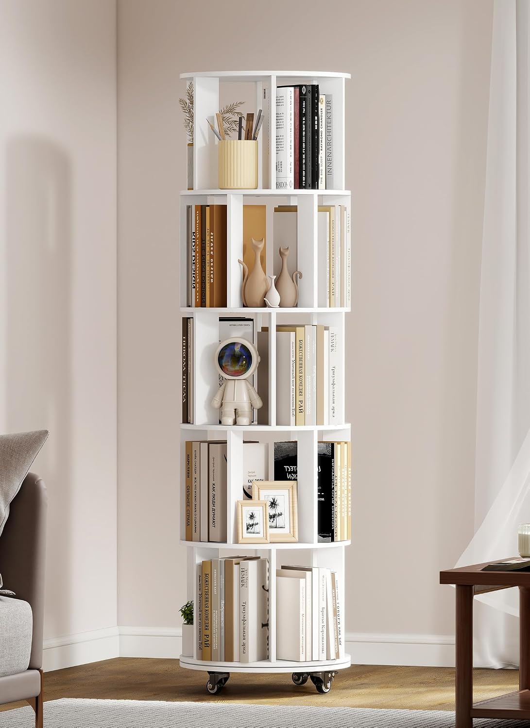 Detalle de yeshine Rotating 5-Tier Corner Bookshelf (360° Revolving, White) for Small Spaces