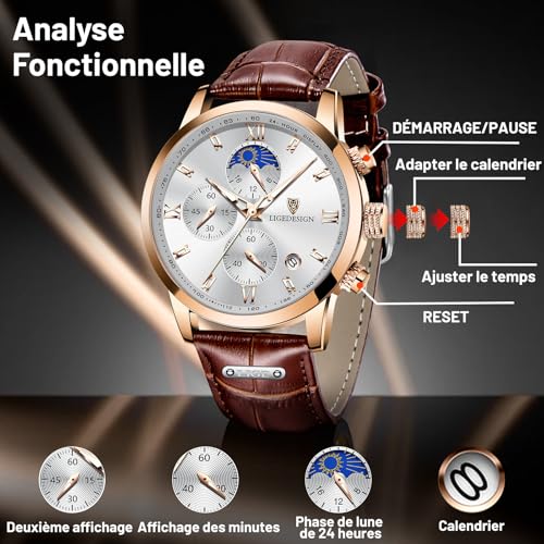 Detalle de LIGE Montre homme vintage chronographe, cuir, 3 ATM, cadran or et blanc