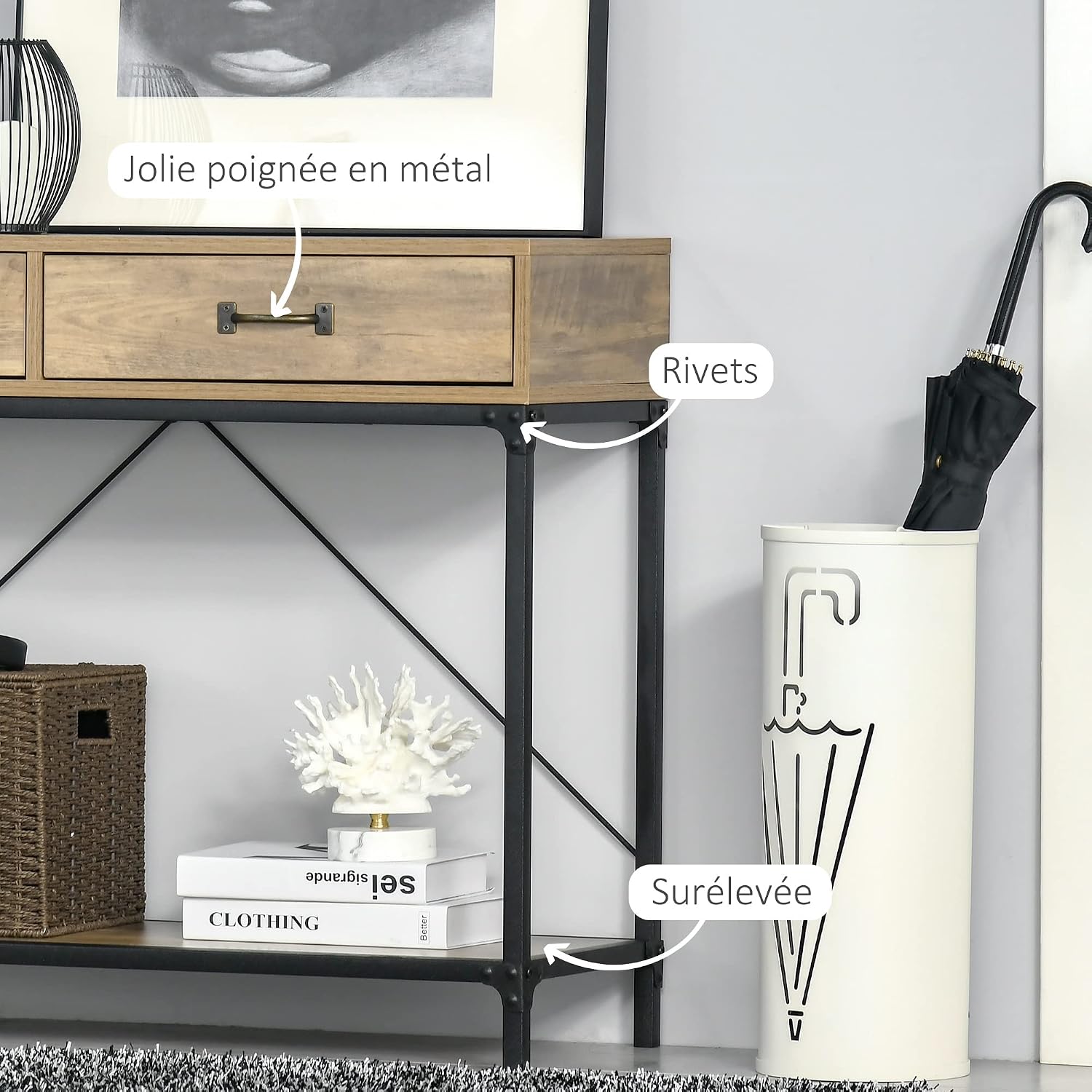 Thumbnail 5 de HOMCOM Table Console d’entrée industrielle avec 2 tiroirs et plateau aspect bois (100 x 35 x 76 cm)