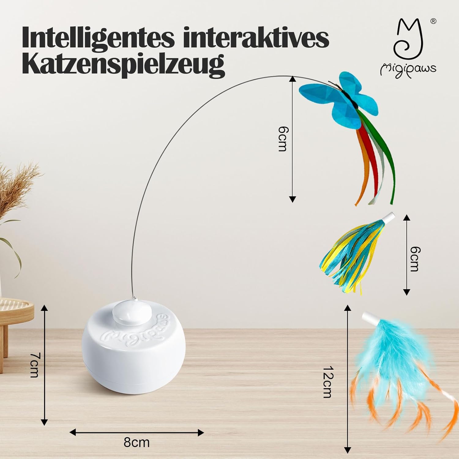 Detalle de Migipaws Katzenspielzeug – Elektrisches interaktives Schmetterling- und Federenspielzeug mit 360° Kugeldrehung