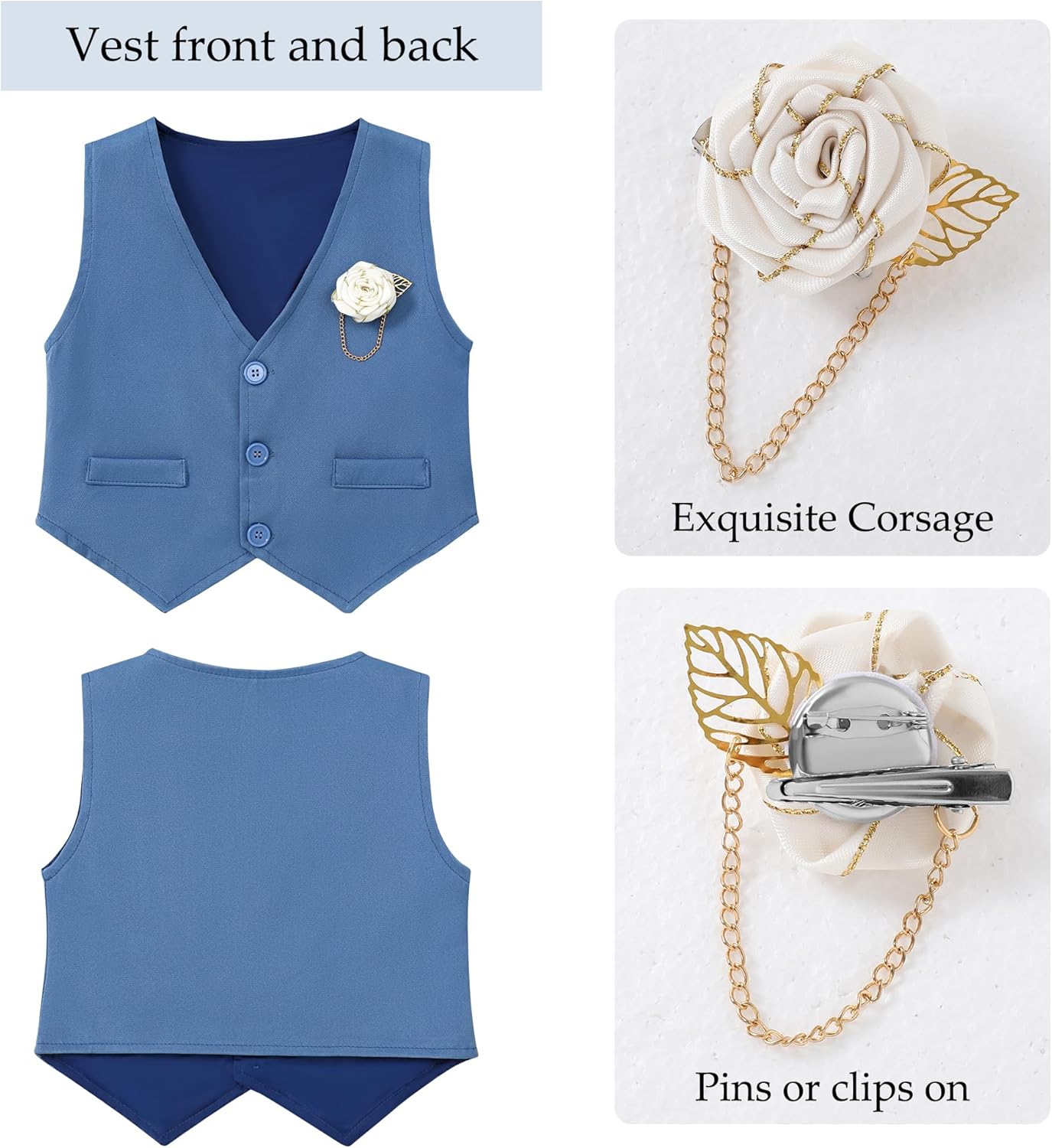 Detalle de WESIDOM Toddler Boy Formal Suit Set: Dress Shirt, Bowtie, Vest, Boutonniere, Suspender Pants