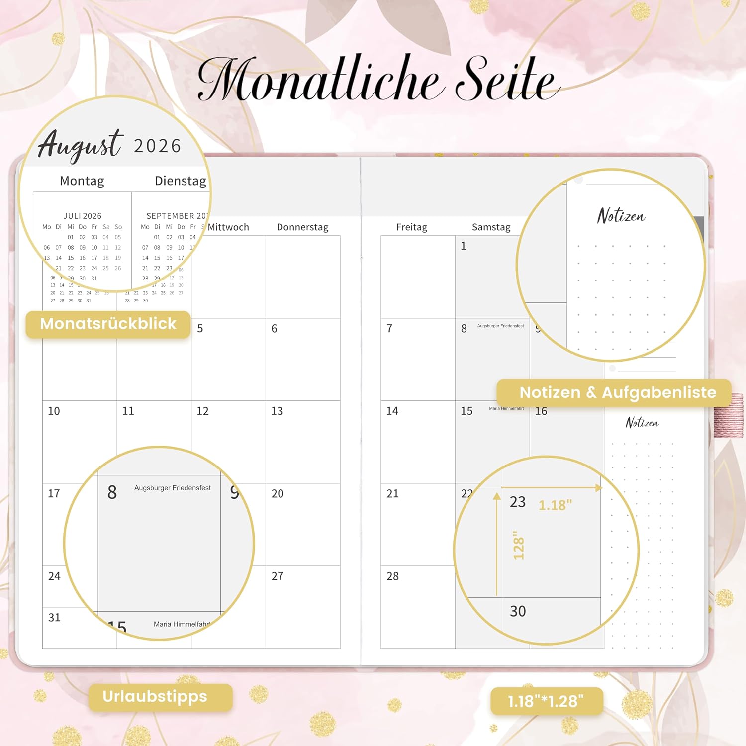 Detalle de Kalender 2026/2027 Terminplaner – A5 Rosa mit Innentasche und elastischem Verschluss, August 2026 bis September 2027