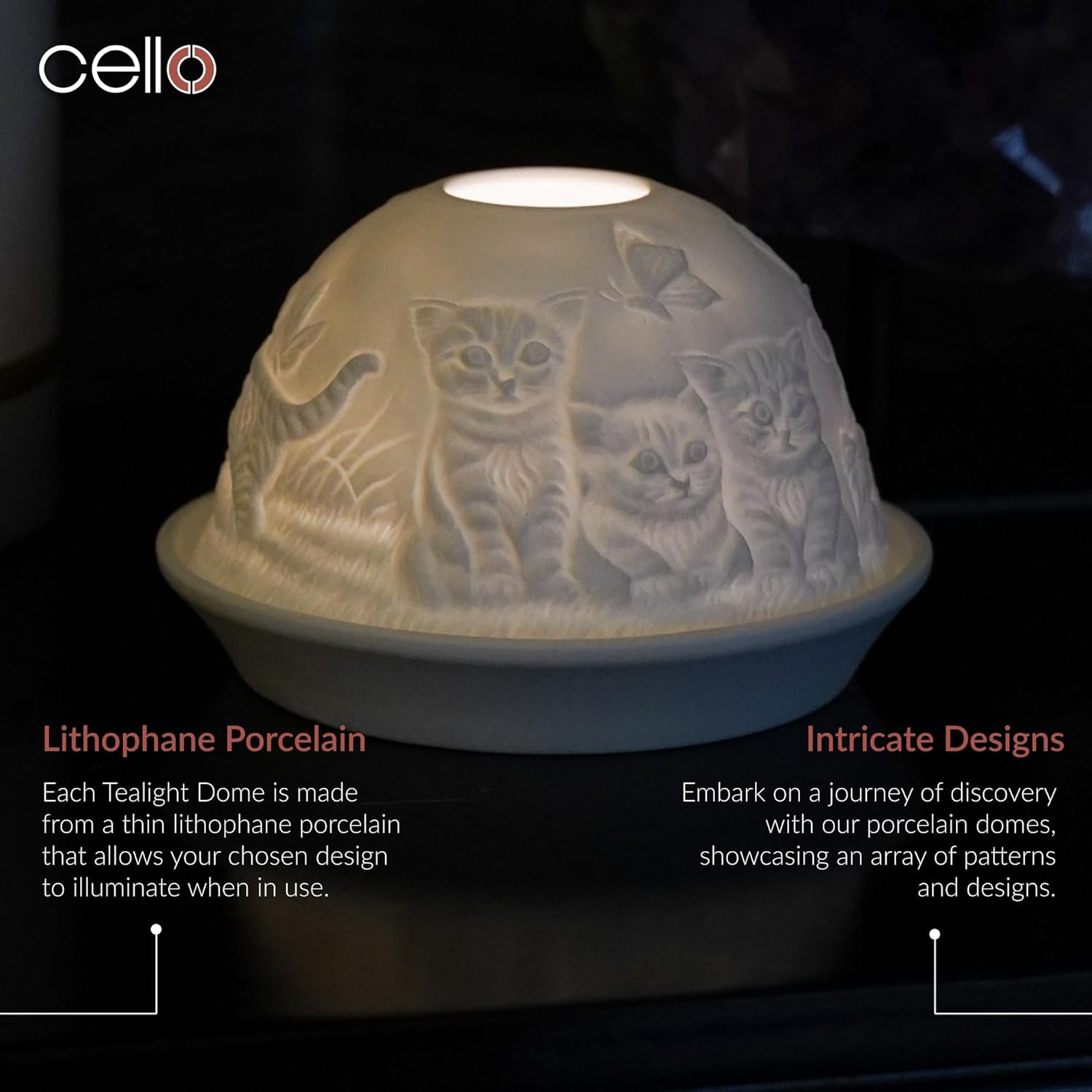 Thumbnail 1 de Cello Porzellankuppel Teelichthalter mit Kätzchenmotiv – Lithophan für 3D-Effekt