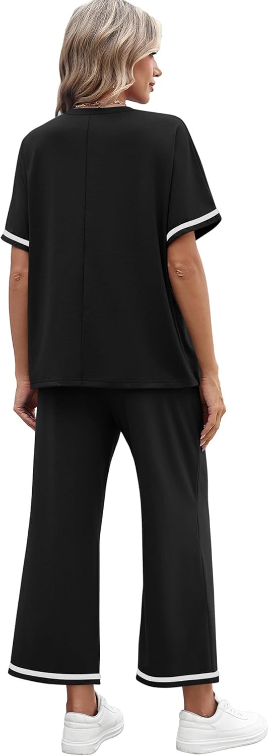 Detalle de Sampeel 2 Piece Sets for Women: Casual Summer Lounge Set with Short Sleeve Top and Wide-Leg Pants