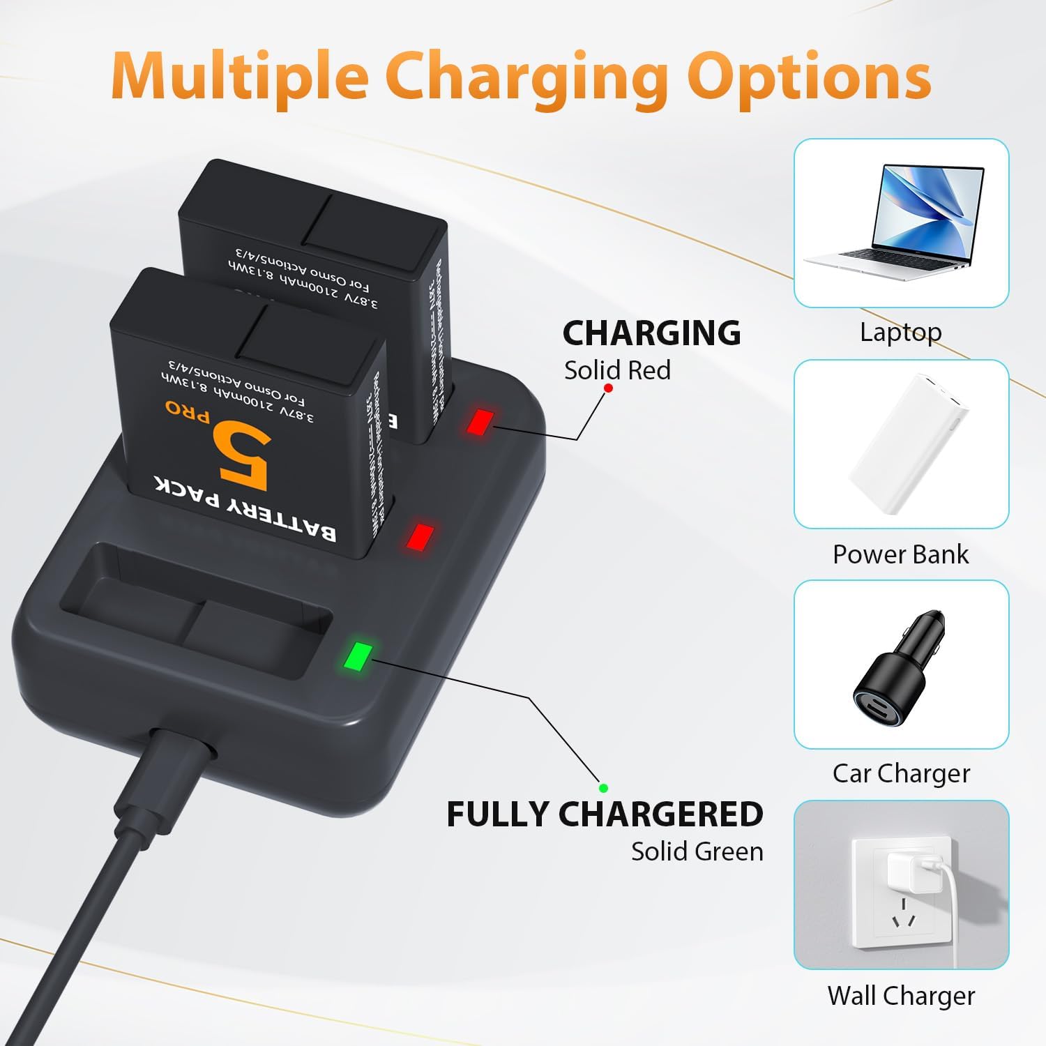 Detalle de LP Osmo Action 5 Pro Battery Charger Pack: 2x 2100mAh Replacements for DJI Osmo Action 3/4/5 Pro