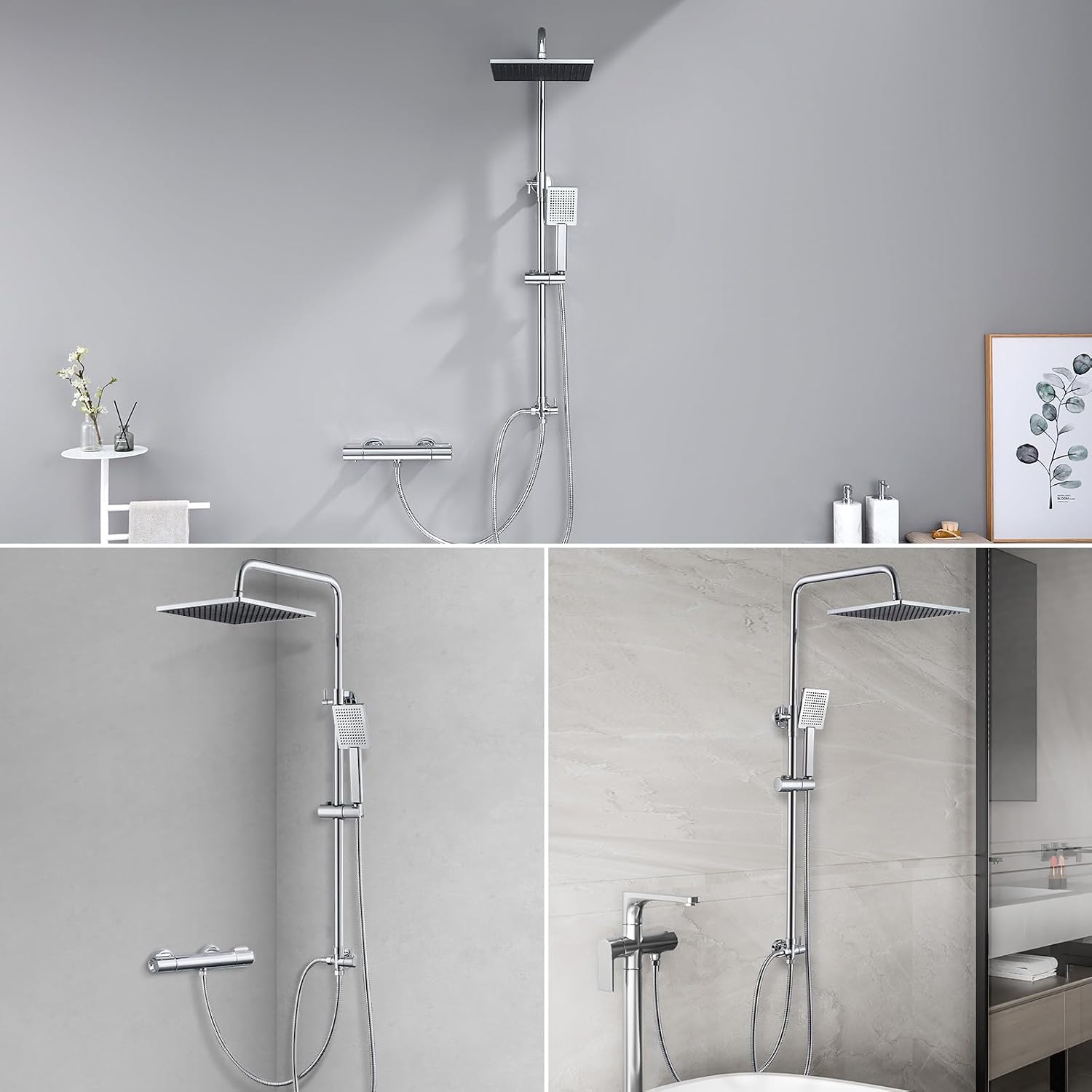 Detalle de Auralum Colonna Doccia Senza Miscelatore con Soffione Quadrato 25x25 cm e Doccetta, Altezza Regolabile 74–109 cm