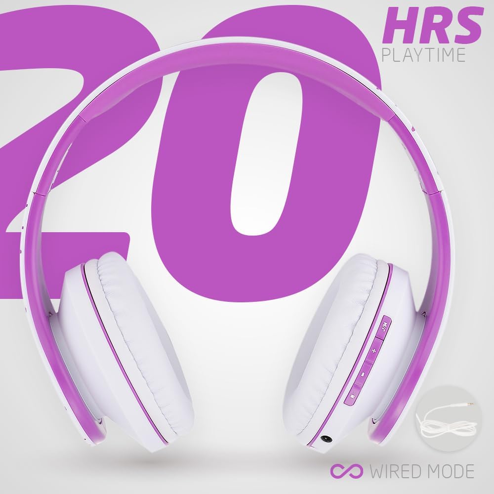 Detalle de PowerLocus Bluetooth Over-Ear Headphones (Wireless & Wired) with Mic, Micro SD/TF and FM – White/Violet