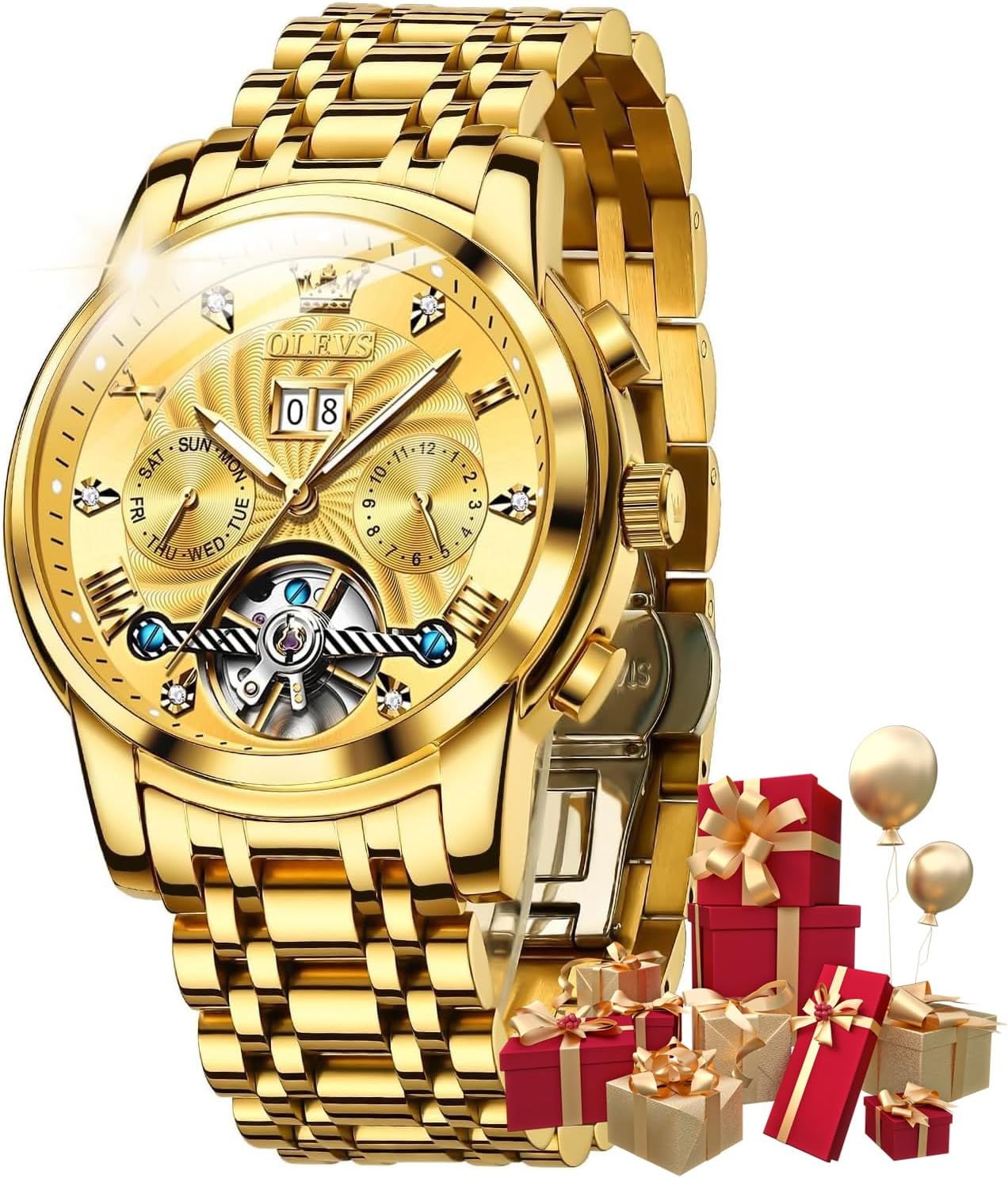 Detalle de OUPINKE Herrenautomatik Skelett-Tourbillon Armbanduhr mit Diamanten, wasserdicht bis 30 m und Leuchtzeigern