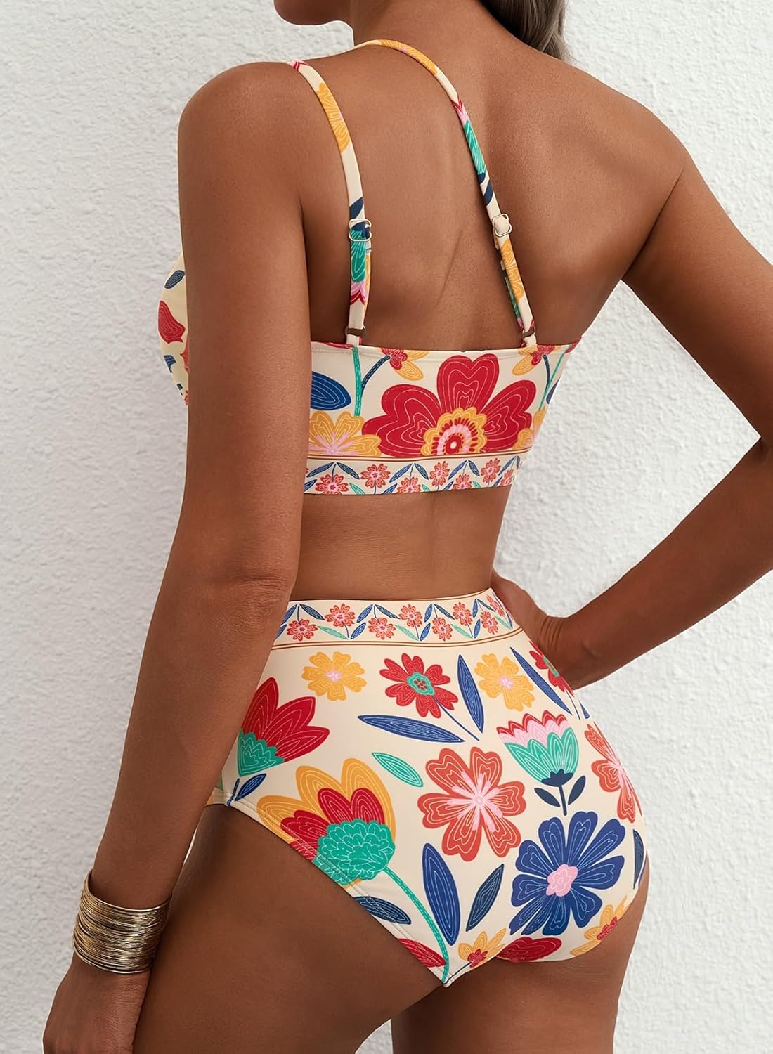 Thumbnail 1 de Herseas Women's High Waisted Bikini Sets with One Shoulder Floral Print – 2-Piece Tummy Control Swimsuits