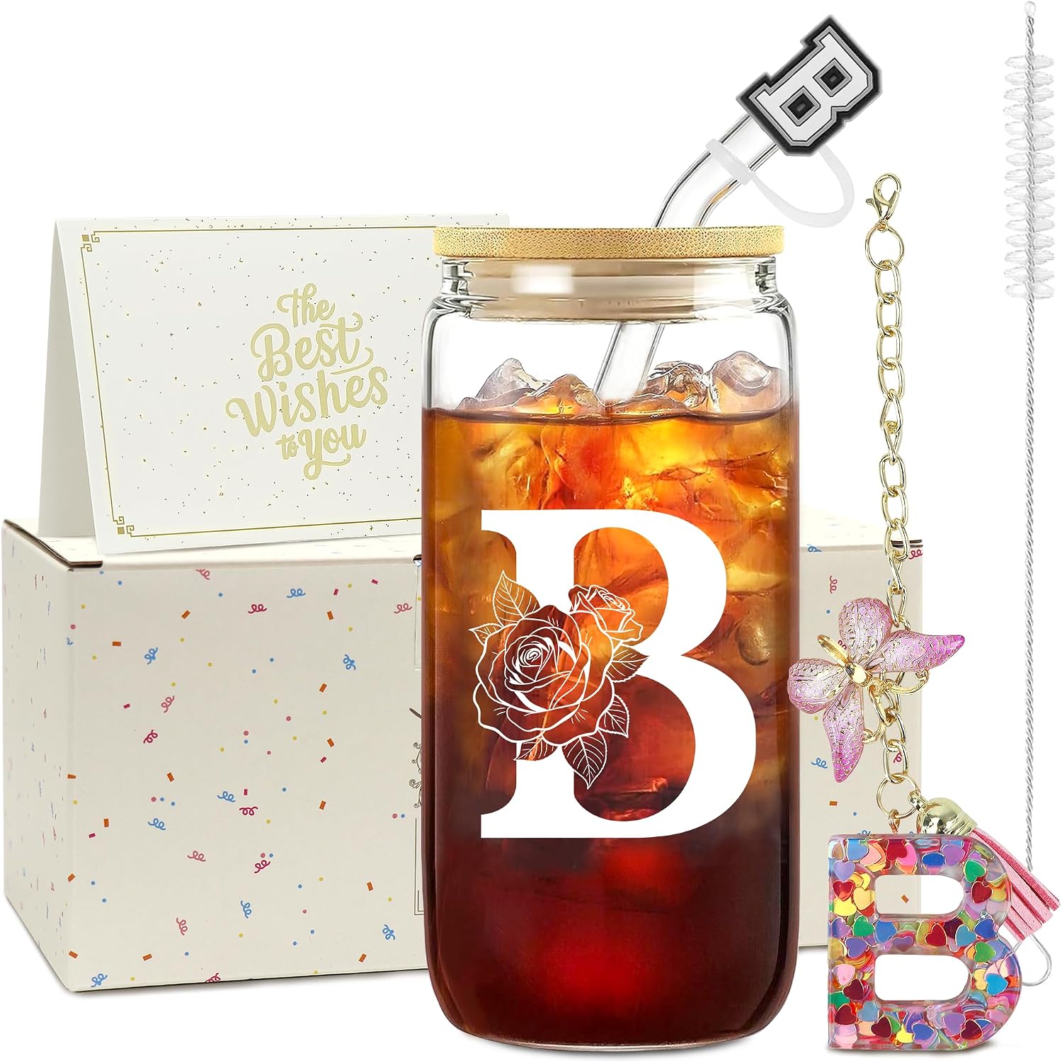 Thumbnail 6 de ZIOSINM A-Z Buchstaben personalisierte Geschenke für Frauen – Glasbecher mit Deckel, Strohhalm und Accessoires (A)