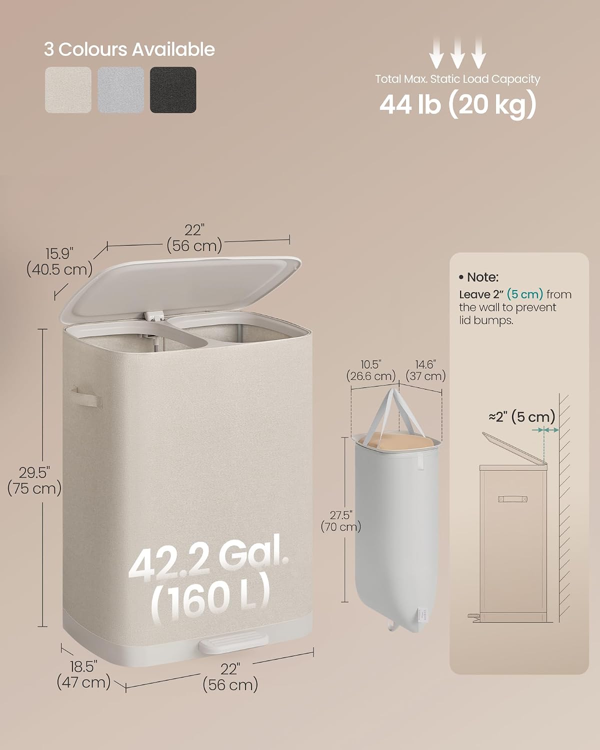 Detalle 2 de SONGMICS LCB832L101 Brosi 160L Pedal Laundry Hamper, Two Compartments