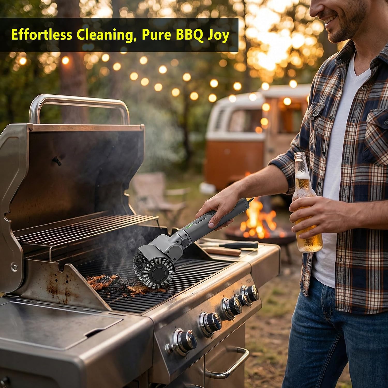 Detalle de Brosse électrique 3 en 1 pour barbecue sans fil QBBQAAQTT – Nettoyage facile, acier inoxydable et accessoires interchangeables