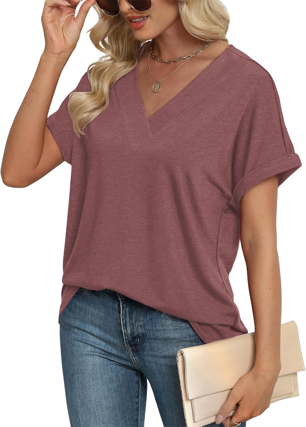 Detalle de Cuptacc Damen T-Shirt, Kurzarm V-Ausschnitt – locker & elegant