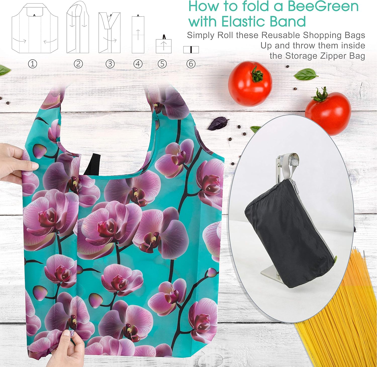Thumbnail 4 de BeeGreen 10 Pack Washable Floral Grocery Bags – Extra Large 50 LBS Reusable Tote