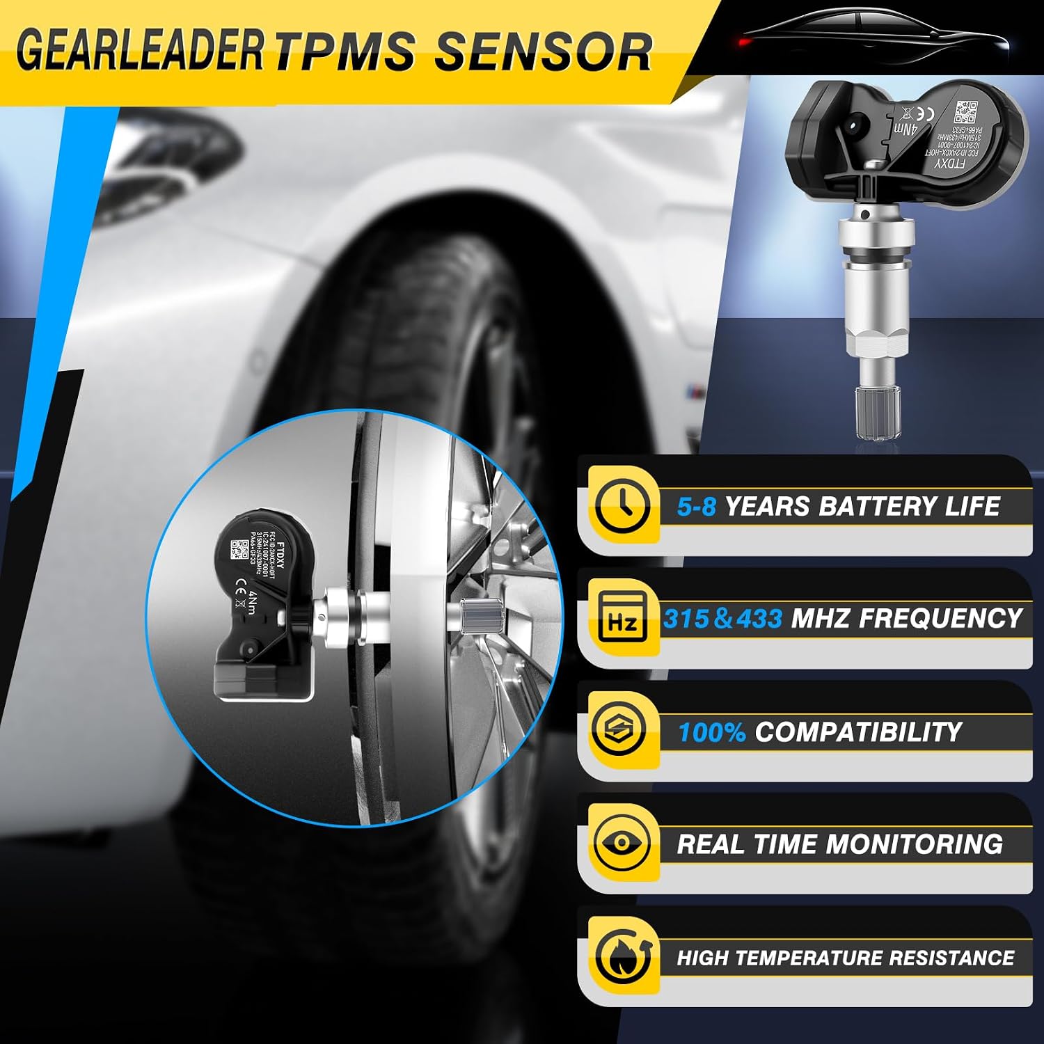 Detalle de GEARLEADER 4PCS Multi-Protocol TPMS Tire Pressure Sensors for Ford (315 & 433MHz) – Snap-in Replacement