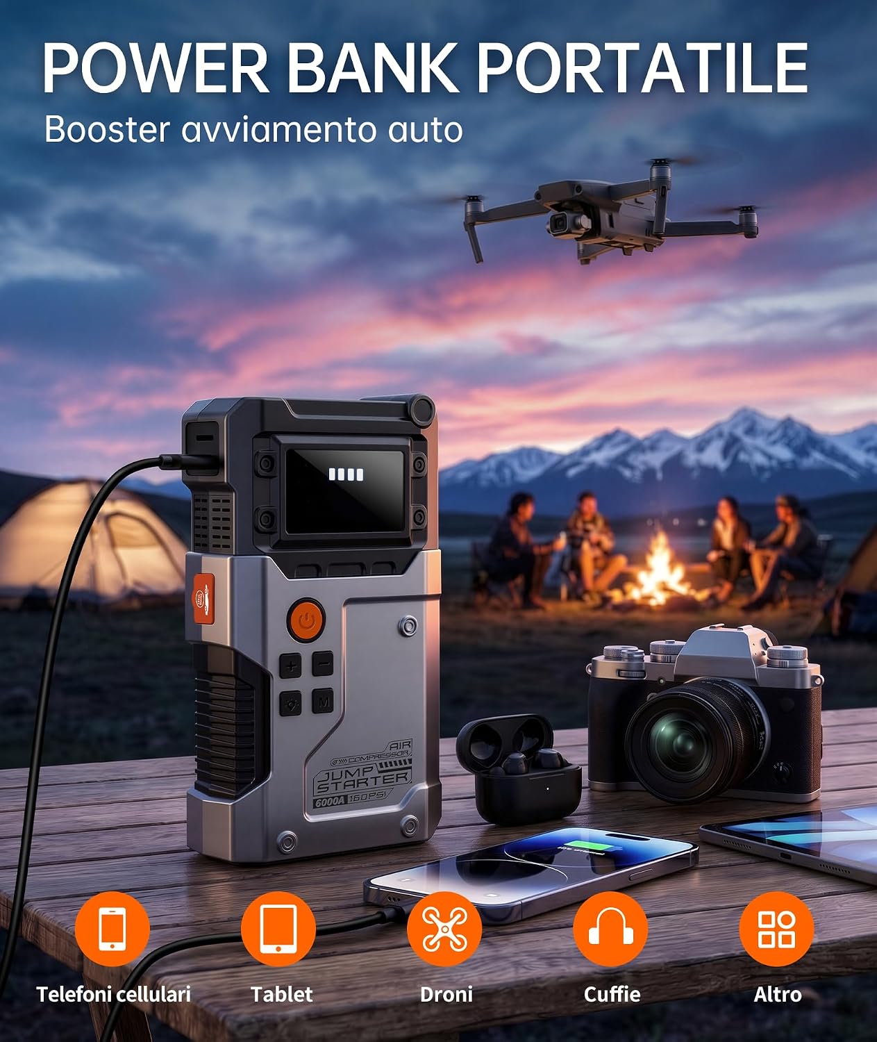 Detalle de Avviatore Batteria Auto 6000A con Compressore 160 PSI – Booster Portatile per 12V (gas/diesel) con LCD e USB