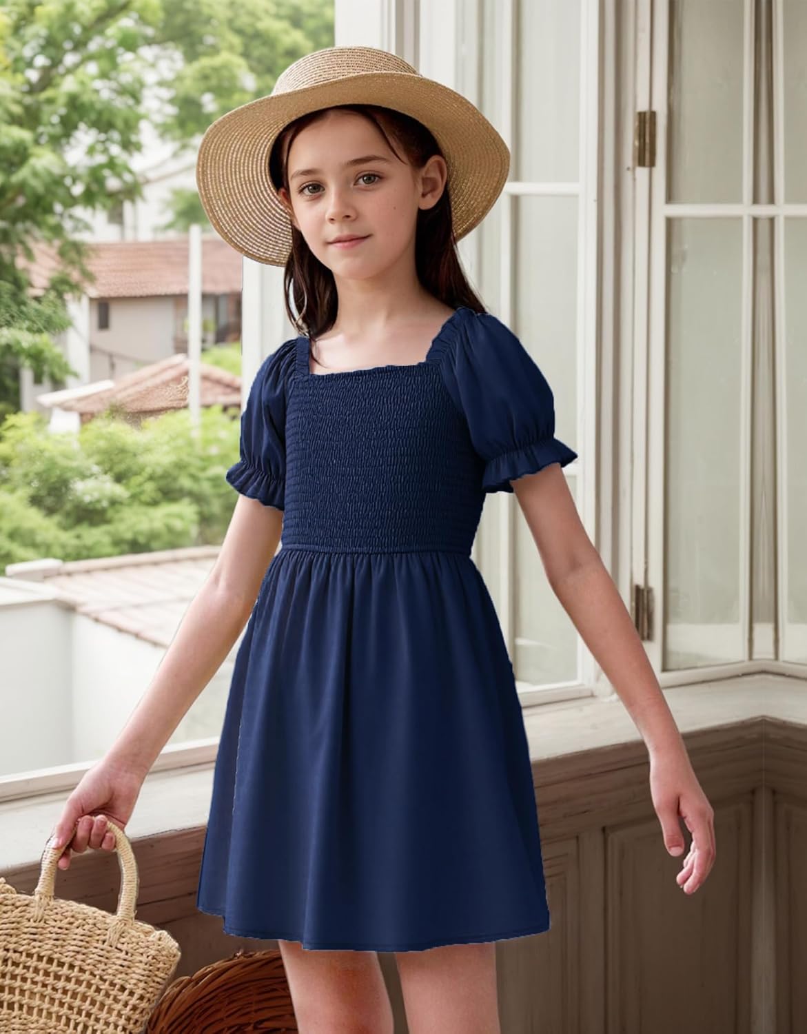 Thumbnail 1 de JiAmy Girls Dresses Summer Short Sleeves Square Neck Lightweight Dress (5–14 Years)
