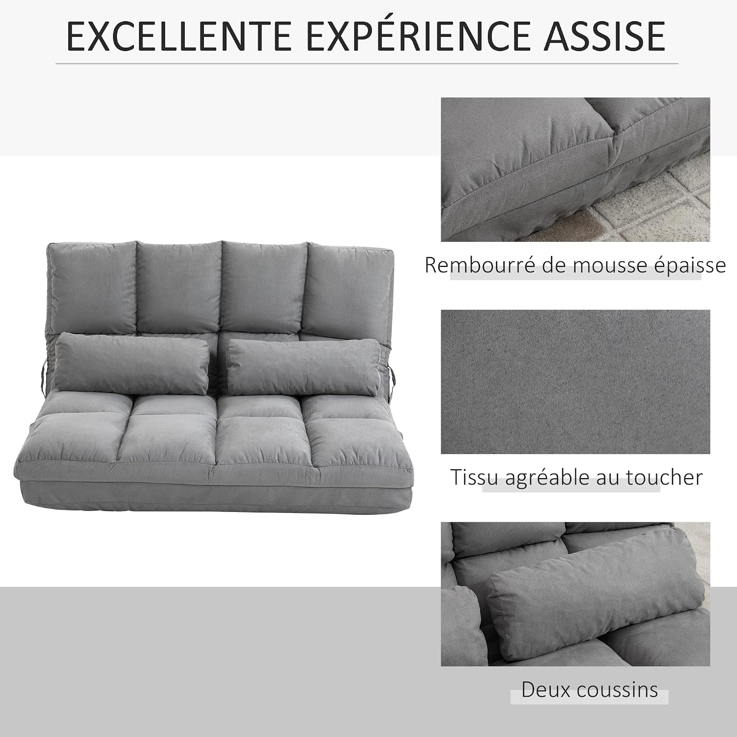 Thumbnail 5 de HOMCOM chauffeuse pliant convertible à dossier réglable jusqu’à 180° avec 2 coussins – Gris