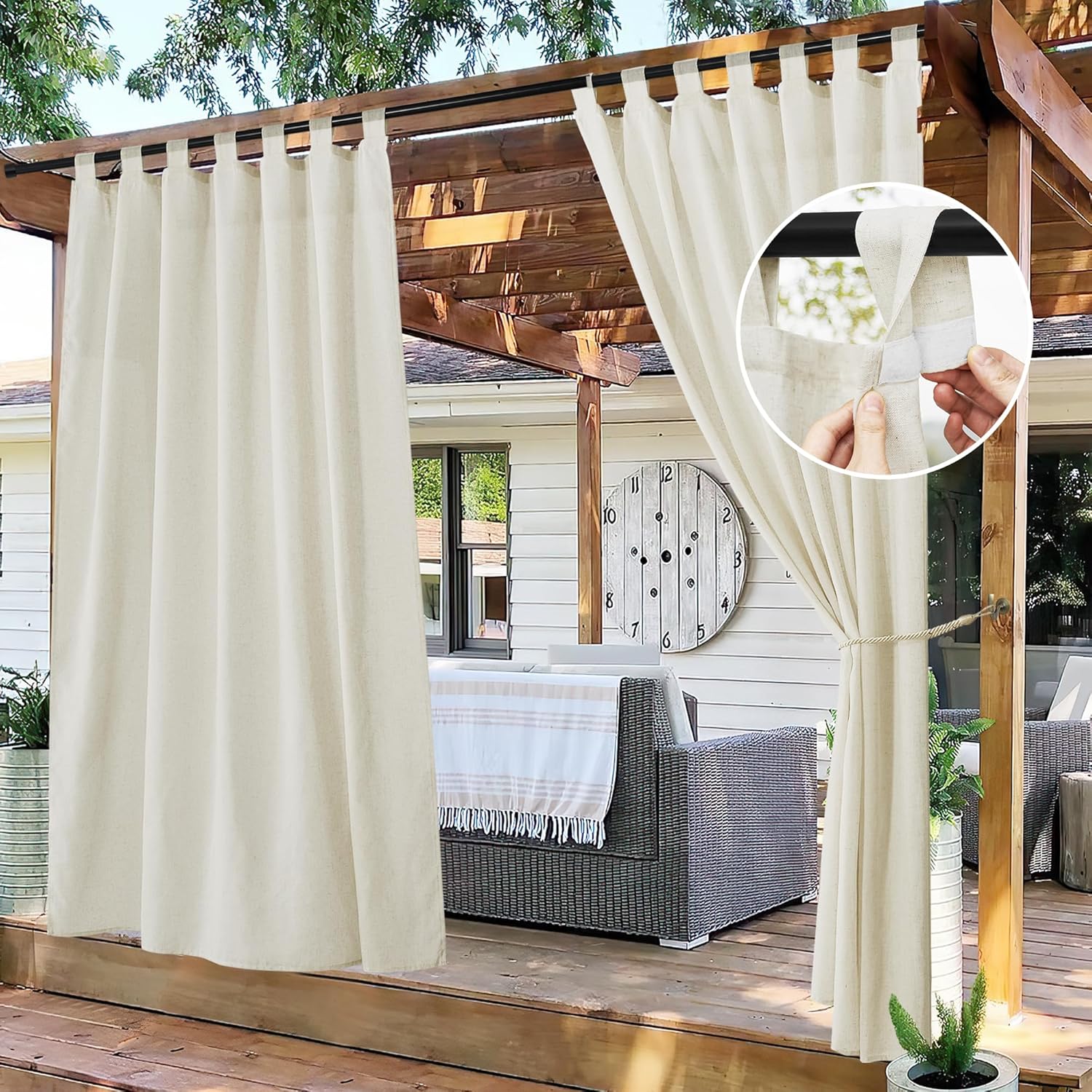 Thumbnail 1 de Outdoor-Gardinen im Boho-Leinen-Look: PONY DANCE 2er-Set (B 140 x H 243 cm) beige, wasserdicht mit Klett-Schlaufen