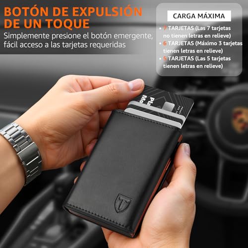Detalle de TEEHON Tarjetero para Hombre con bloqueo RFID magnético – Negro Naranja