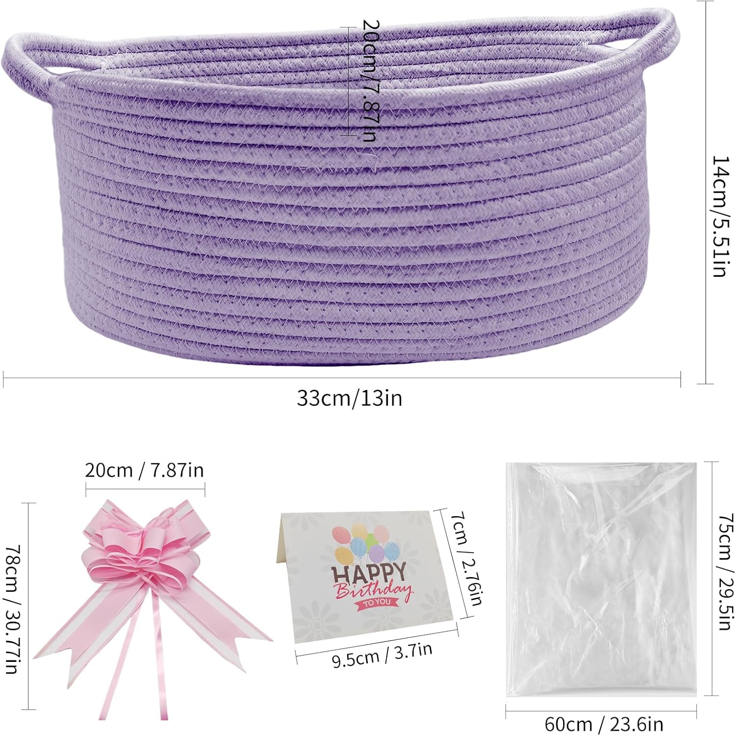 Thumbnail 5 de Gift Baskets Empty: 1 Pcs Woven Rope Hamper with 2 Clear Bags and 2 Drawstring Bows (Purple)