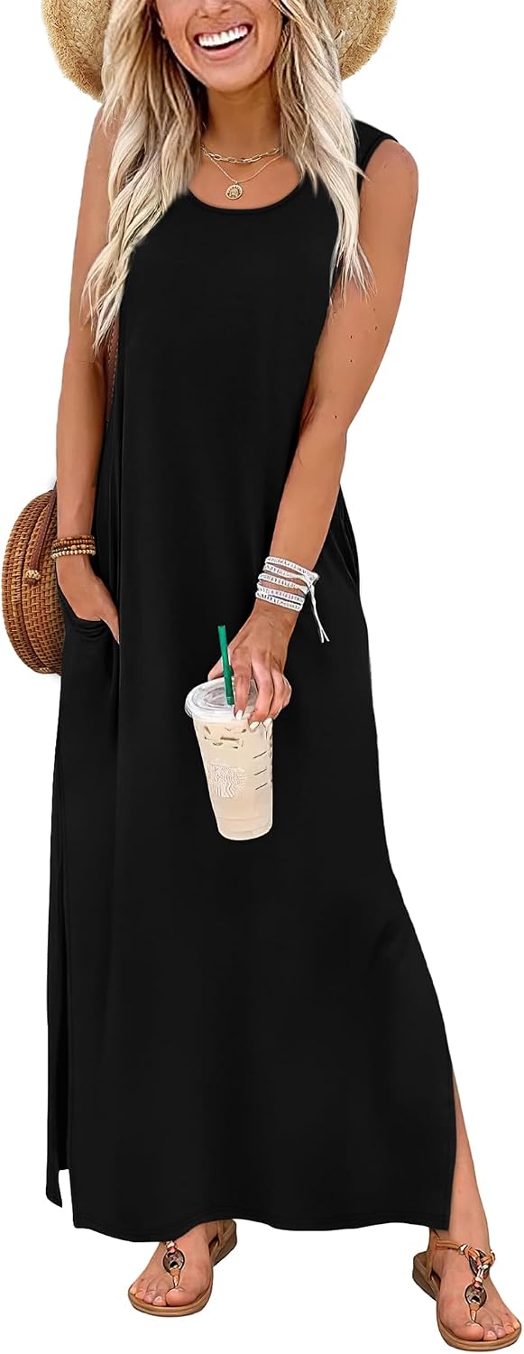 Detalle de WIHOLL Maxi Dress Summer Dresses 2026 – BeachVacation Ready, Sleeveless Sundress with Pockets